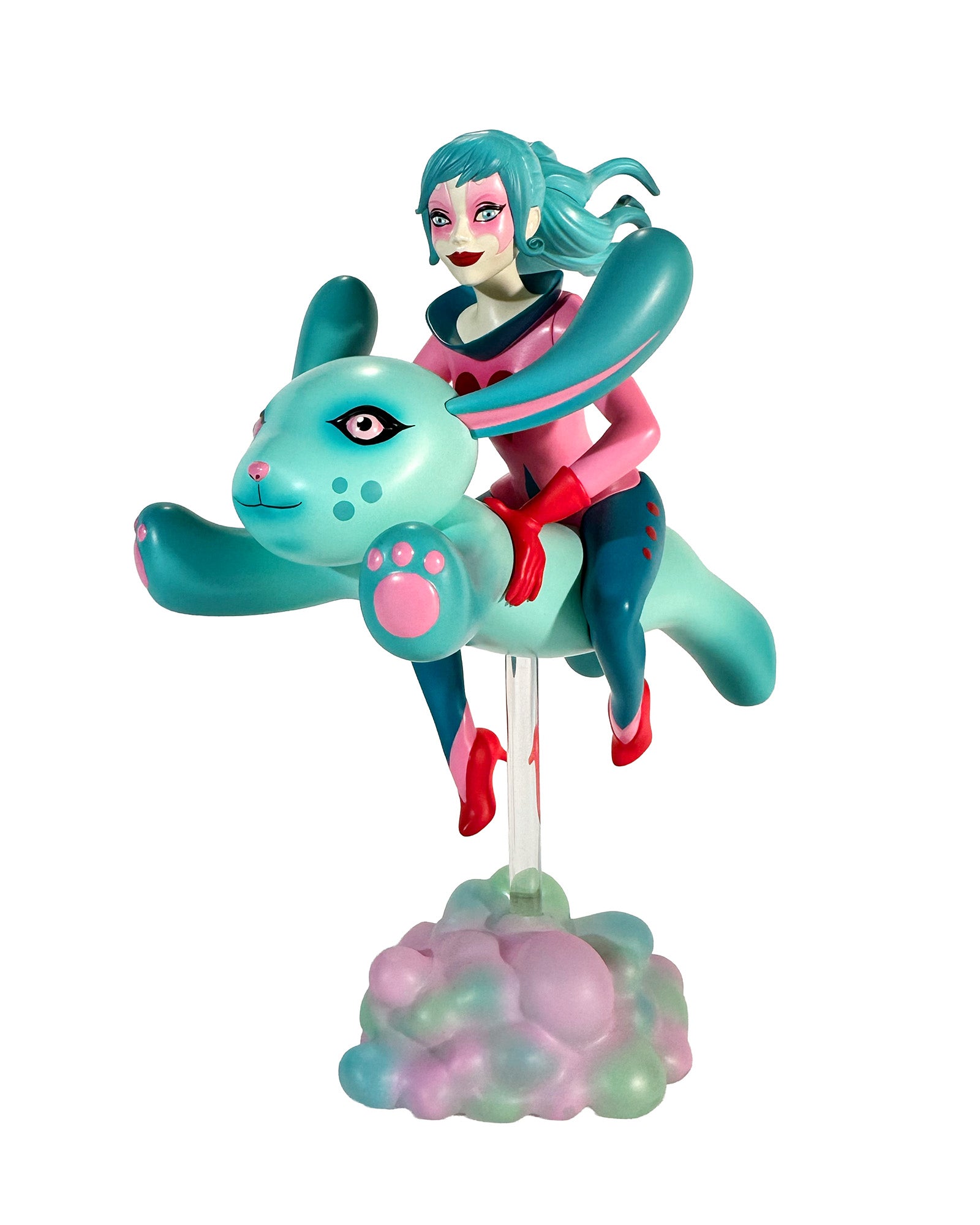 The Bunny Rider by Tara McPherson: A whimsical resin figurine featuring a young woman atop a cartoon-style bunny, mounted on a translucent pastel base, 6 inches tall.