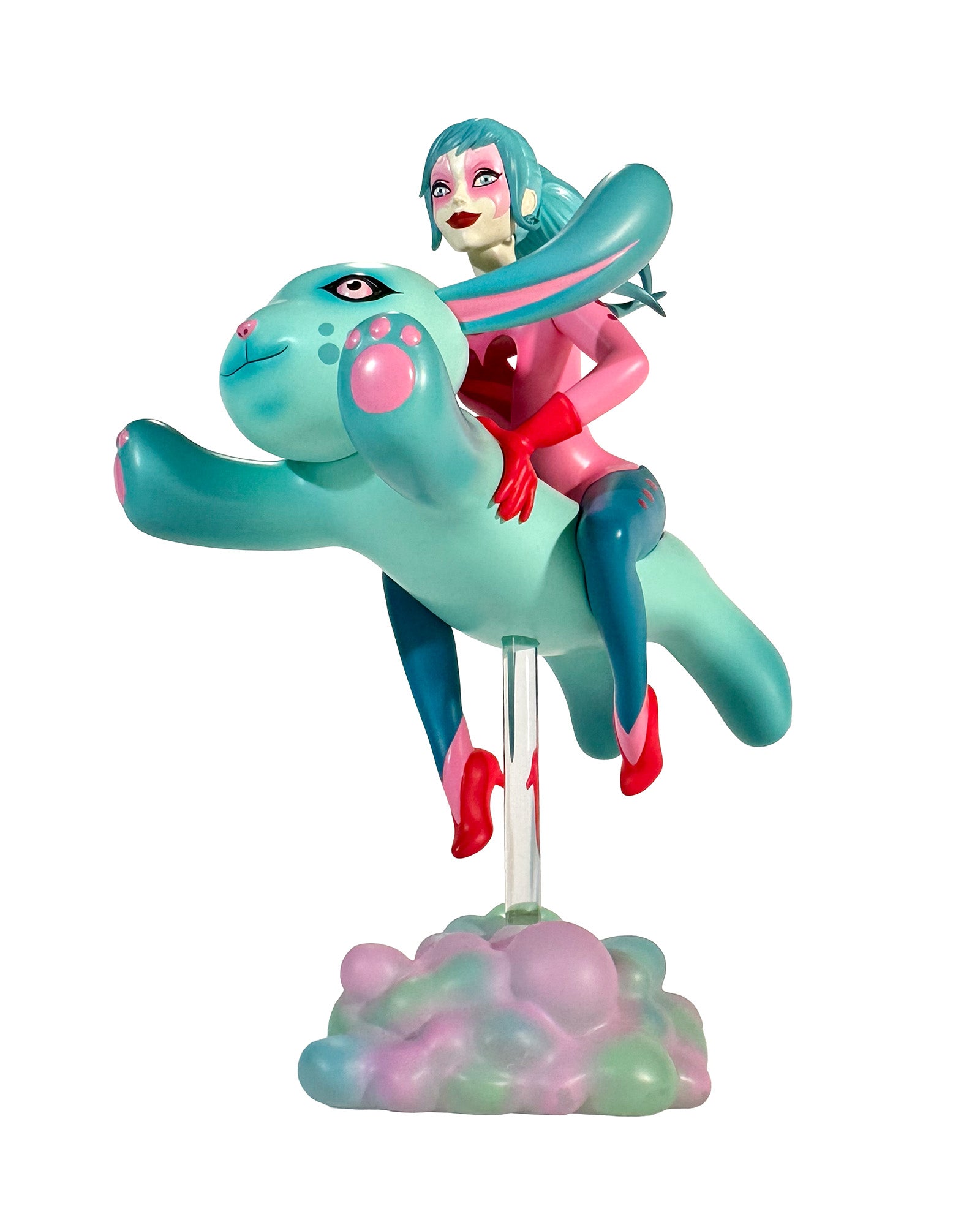 The Bunny Rider by Tara McPherson: a whimsical figurine of a young woman on a mint-green rabbit, featuring vibrant colors and a floating cloud base.