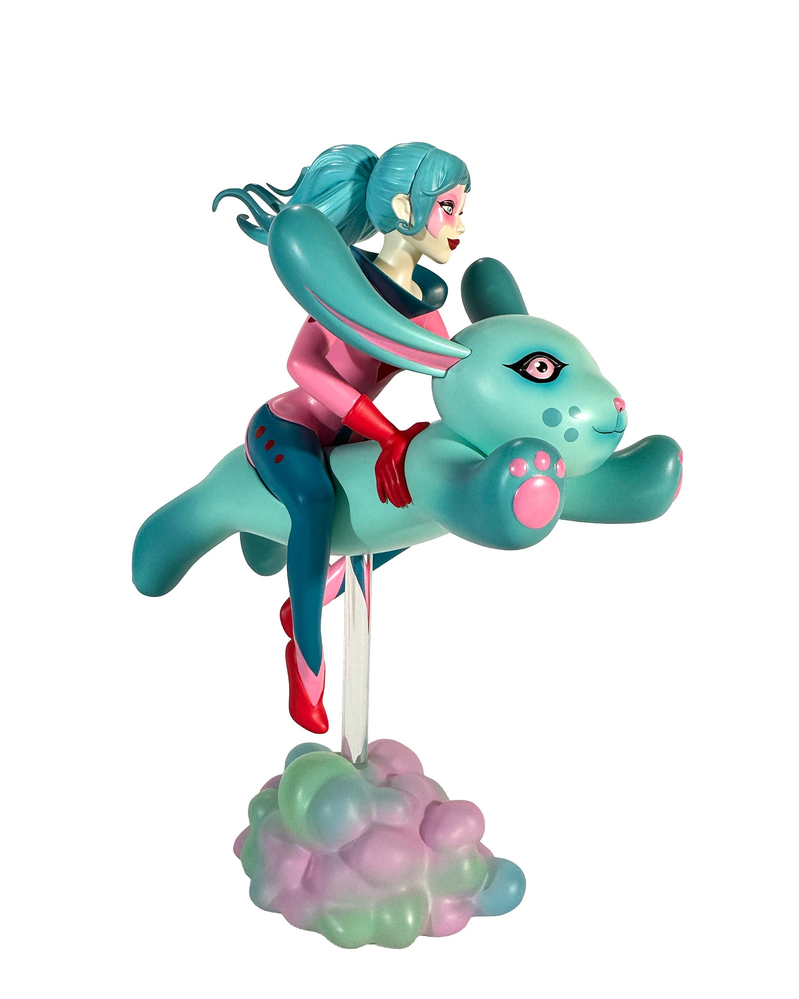 The Bunny Rider by Tara McPherson: A 6-inch resin sculpture featuring a young woman on a giant bunny, mounted on a pastel cloud base.