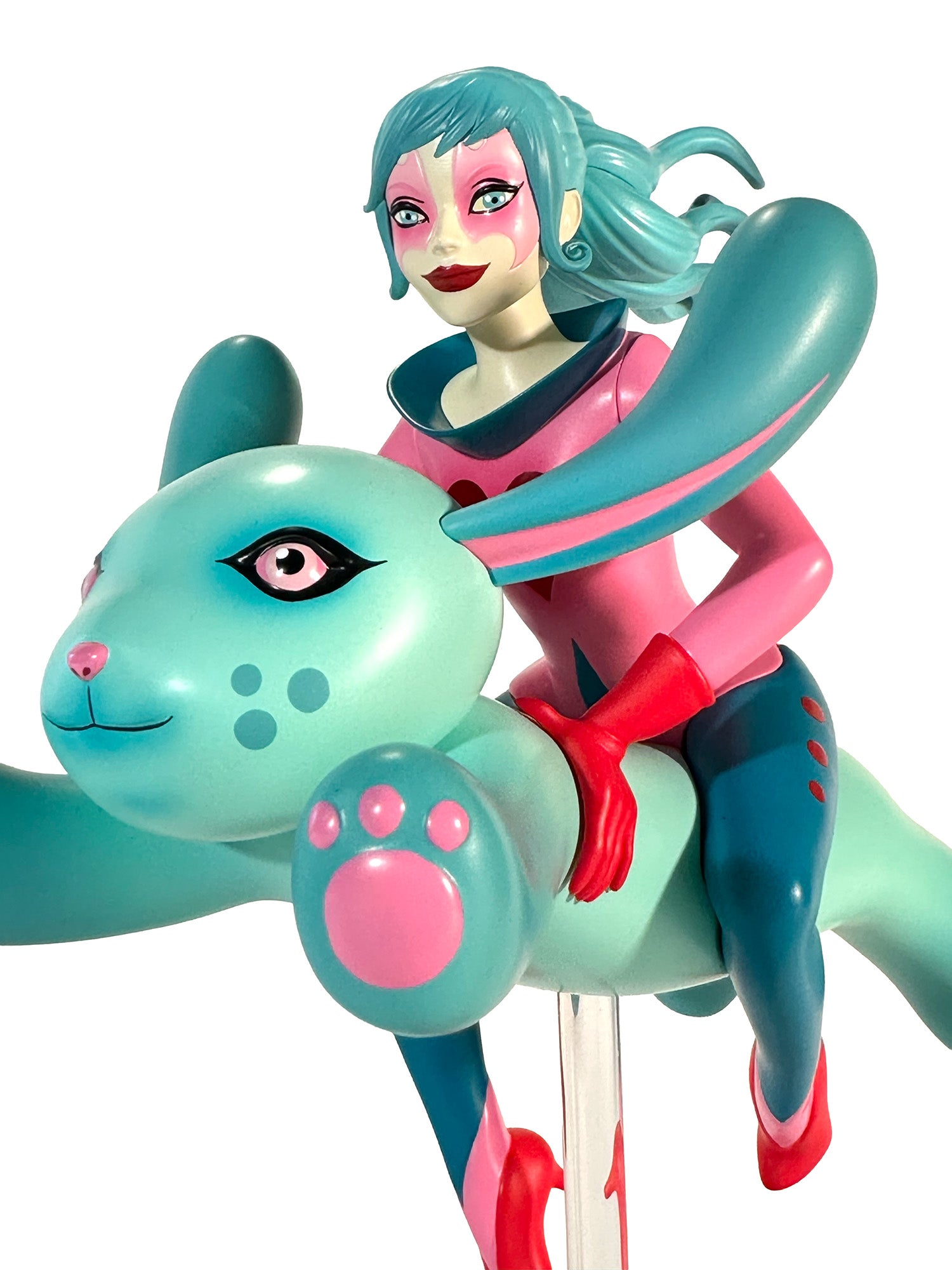 The Bunny Rider by Tara McPherson: a 6-inch resin figurine of a young woman on a stylized rabbit, featuring vibrant art-toy design.