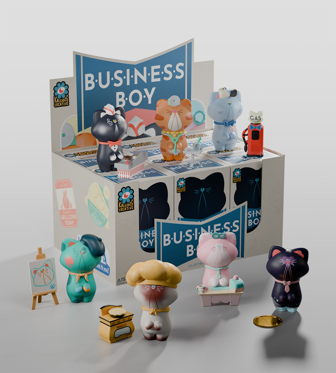 Business Boy Blind Box featuring toy cat with stethoscope, toy oven with pie, showcasing diverse careers with multiple accessories.