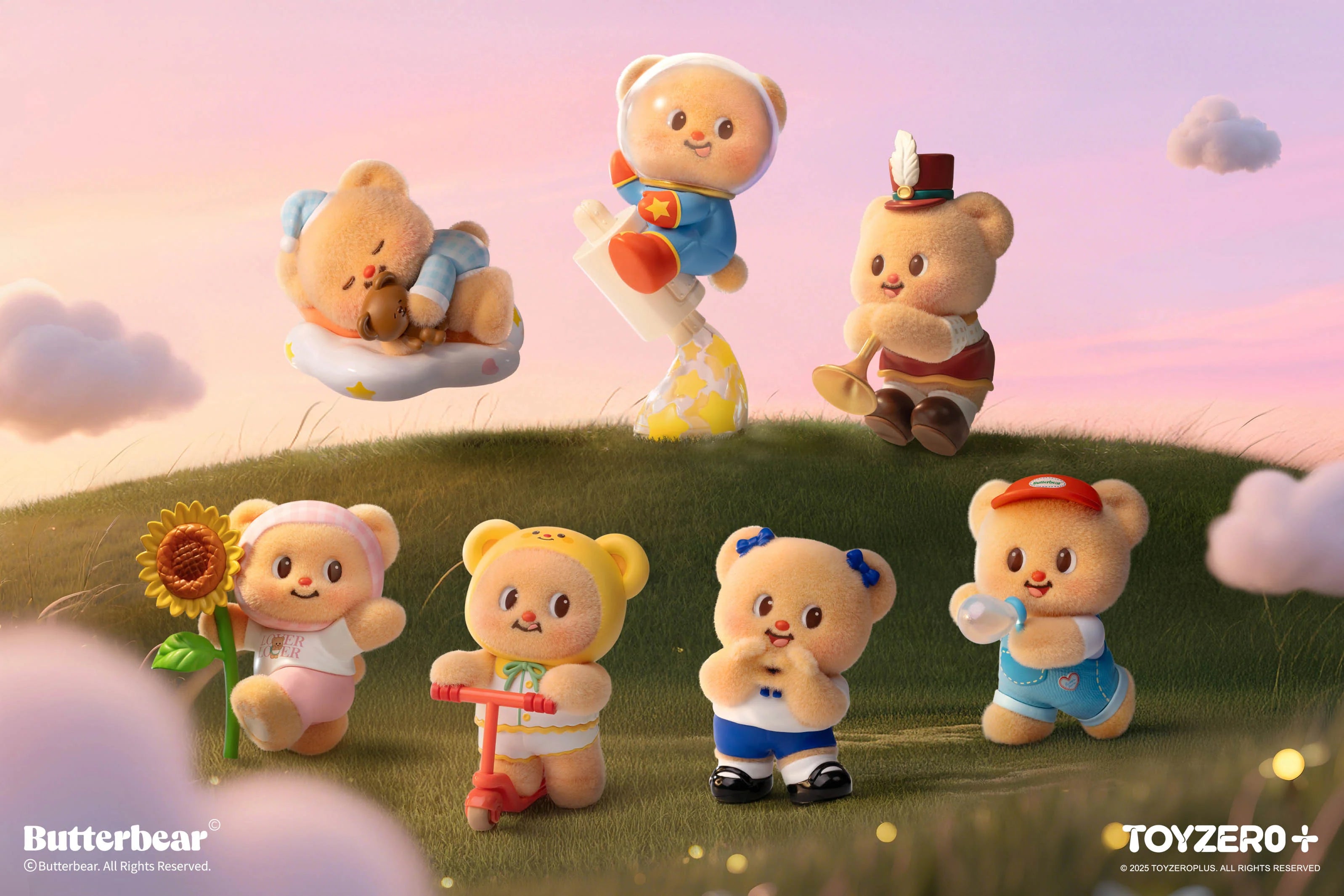 Butterbear - Little Wishes Blind Box Series: Seven plush teddy bears in whimsical outfits on a hill, featuring playful themes like astronaut and musician.