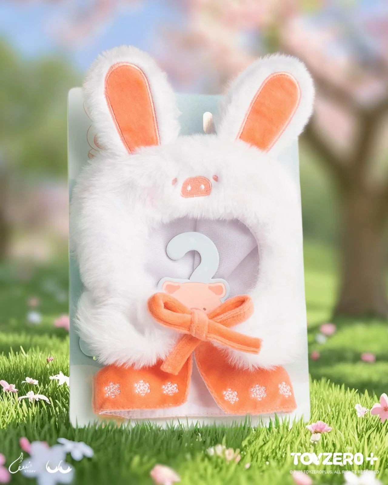 LULU THE PIGGY OOTD - CLOTHES SET (ADORABLE RABBIT SET) - Preorder. White stuffed animal with rabbit-themed clothing, featuring a pig design, packaged for Strangecat Toys.
