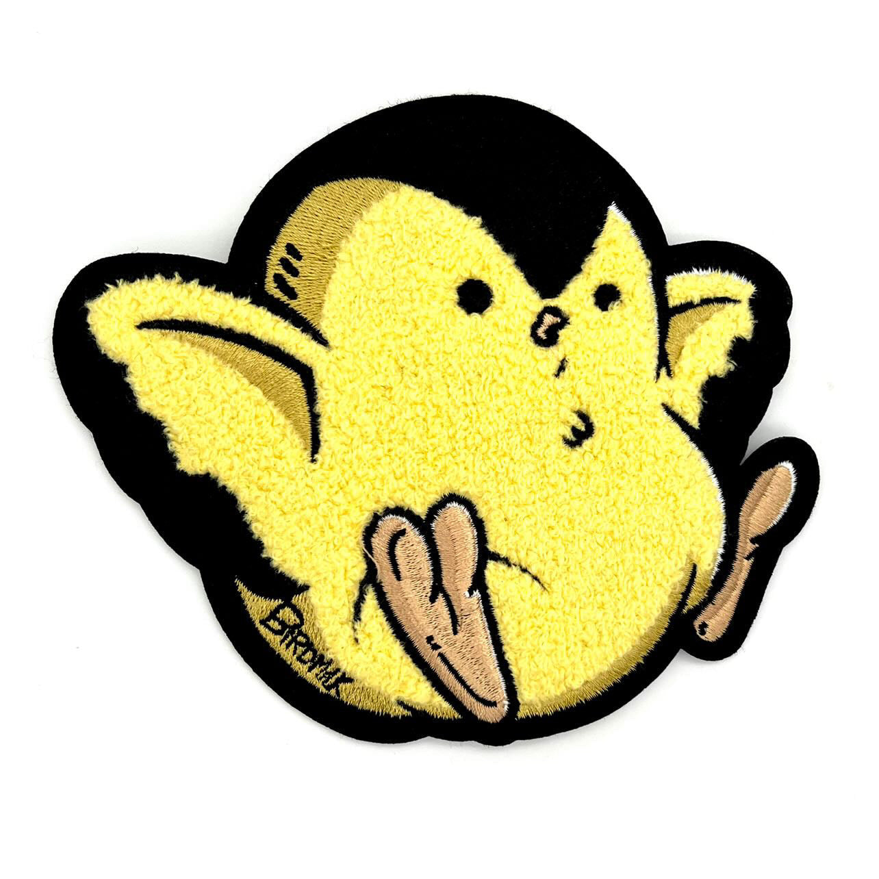 Birdmilk Chenille Patch featuring a cartoon bird design with iron-on backing, created by Chicago artist Birdmilk, 5 inches tall.