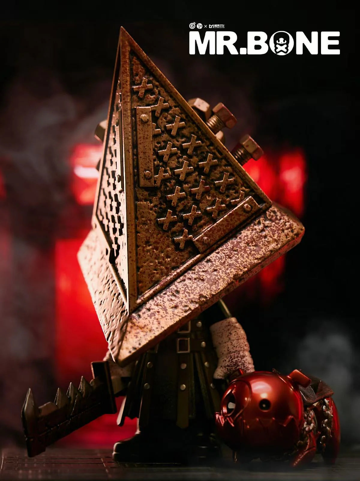 Mr. Bone - Pyramid Head 200% collectible figure, featuring a triangular helmet, serrated blade, and cracked skull prop. Preorder for September 2025, limited to 300 pieces.