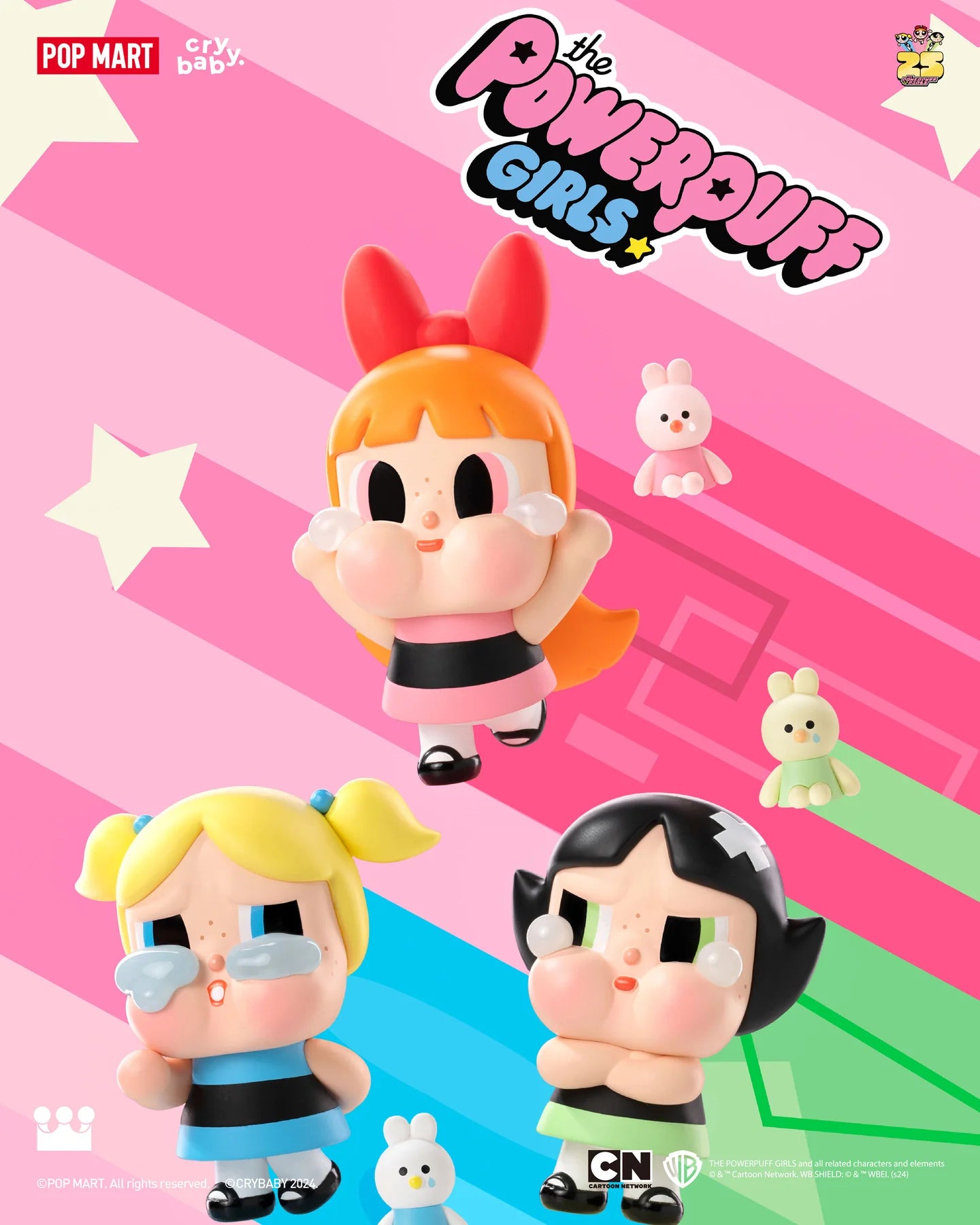 CRYBABY × Powerpuff Girls Blind Box Series featuring cartoon character figurines, including secret designs, showcasing playful and collectible toy figures.