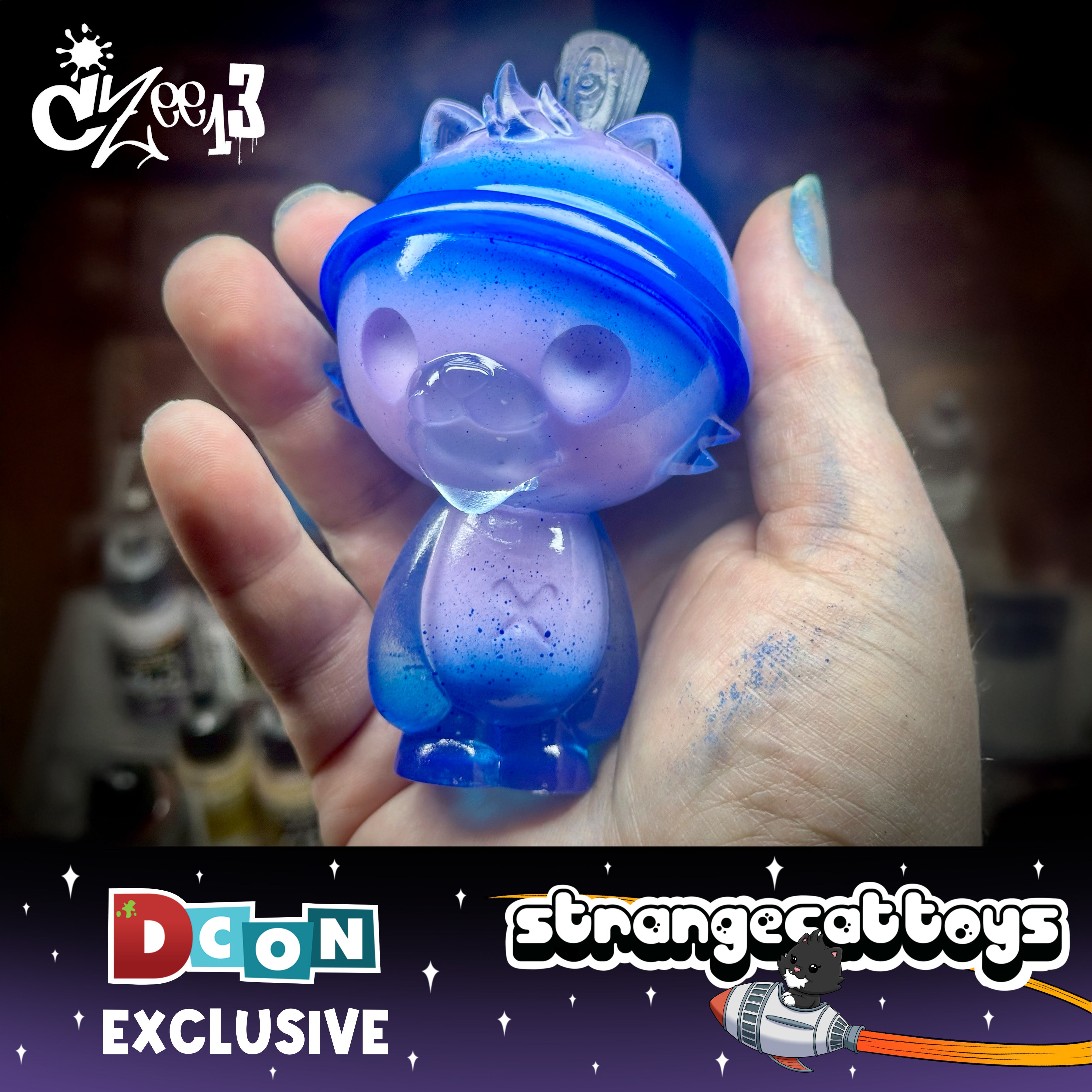 Can Cats - Twilight Edition by Czee, a 4 resin art-toy figure, features a cat-like character in purple-to-blue gradient, limited to five pieces, by Strange Cat Toys.