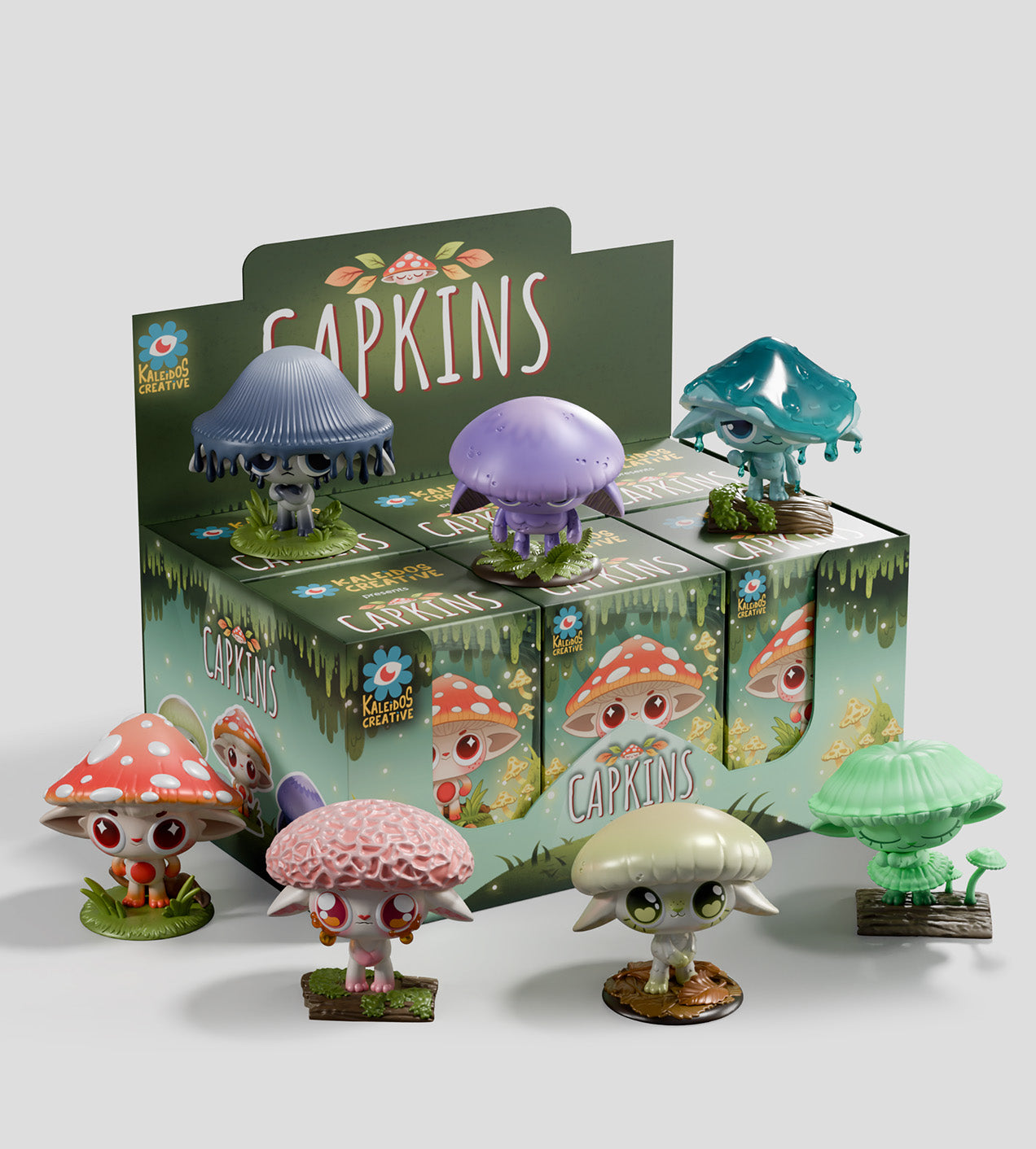 Capkins Blind Box featuring whimsical mushroom figurines, including the adventurous Amanita Muscaria. Collectible set with 6 common and 1 secret design.