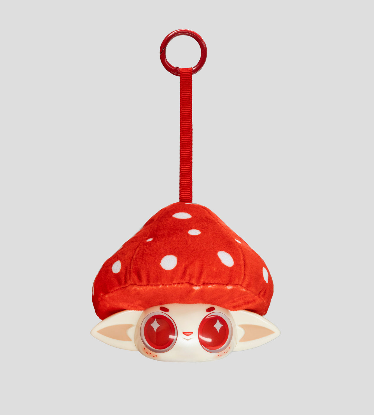 Capkins - Plush Bag Clip: A red mushroom cap with a cute creature's face, keychain with red strap, mixed media from the Capkins blind box series.