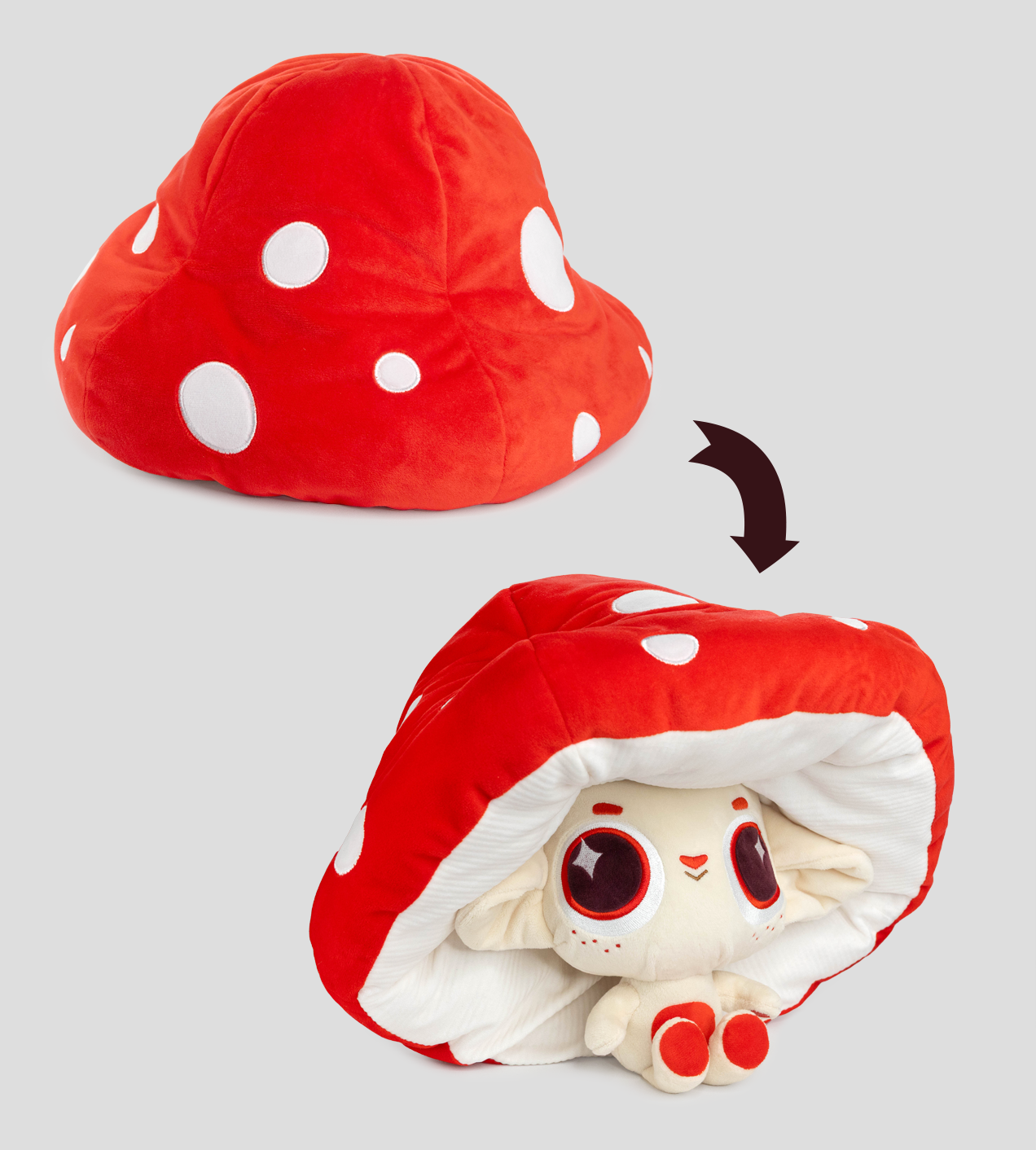 Capkins Peek-A-Boo Plush shows a reversible toadstool pillow that flips to reveal a cartoon creature, inspired by Fungi Forest's adventurous Amanita Muscaria.