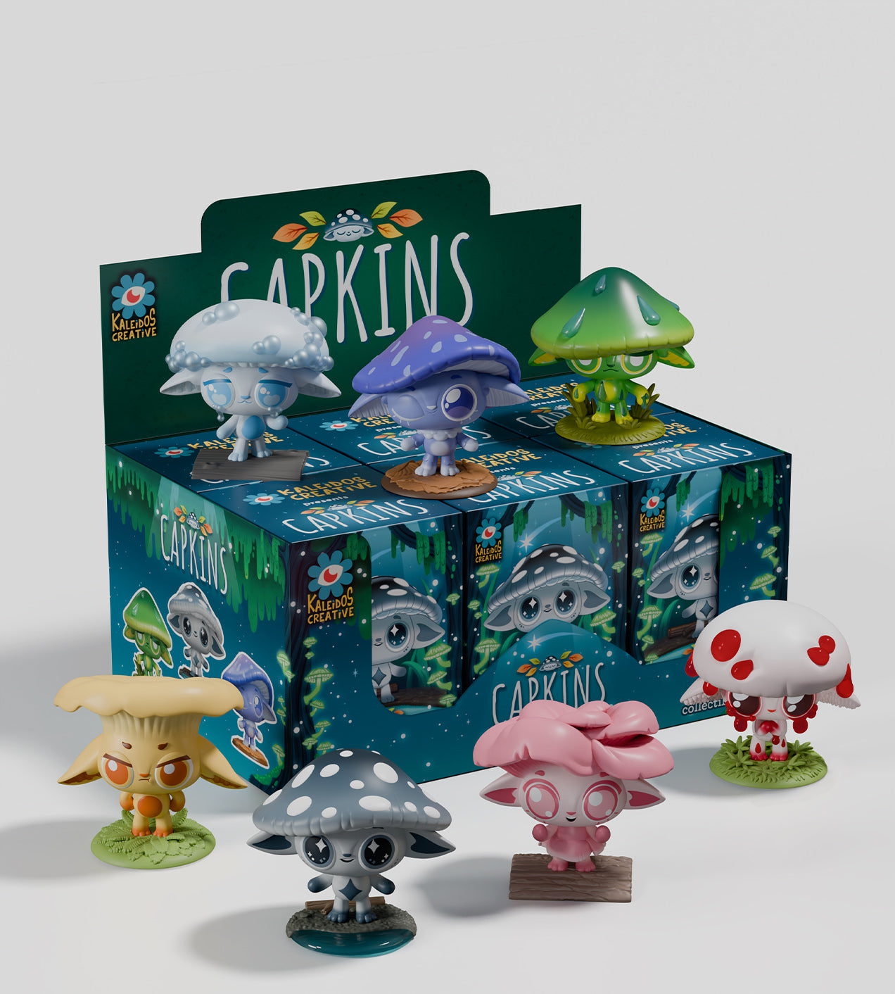 Capkins Series 2 Blind Box display, featuring six chibi-style mushroom figures on bases, showcasing colorful designs inspired by real-life mushrooms.