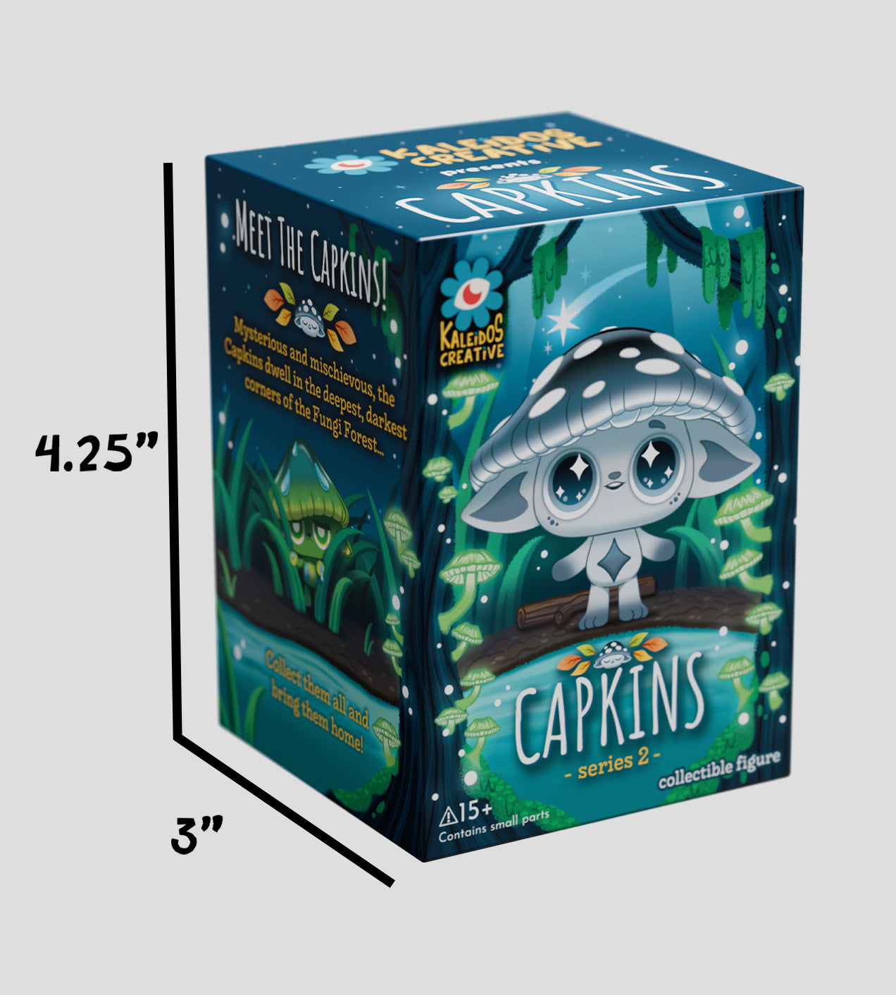 Capkins Series 2 Blind Box packaging featuring a mushroom-capped creature in a glowing fungi forest, highlighting collectible figures with six common designs and one secret.