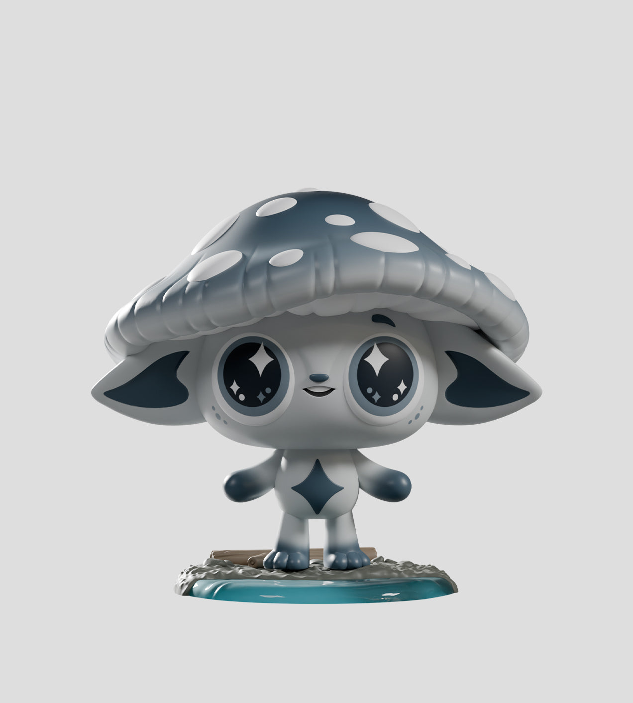 Capkins Series 2 Blind Box: A cute 3D creature with a mushroom cap hat, star-patched belly, standing on a circular base, embodying Fungi Forest's whimsical charm.