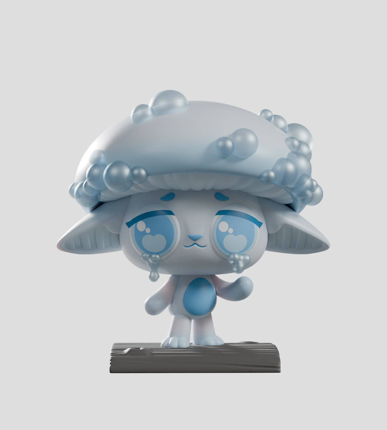 Capkins Series 2 Blind Box toy: A cute, teary-eyed creature with mushroom cap head, droopy ears, and tiny body, standing on a simple base.