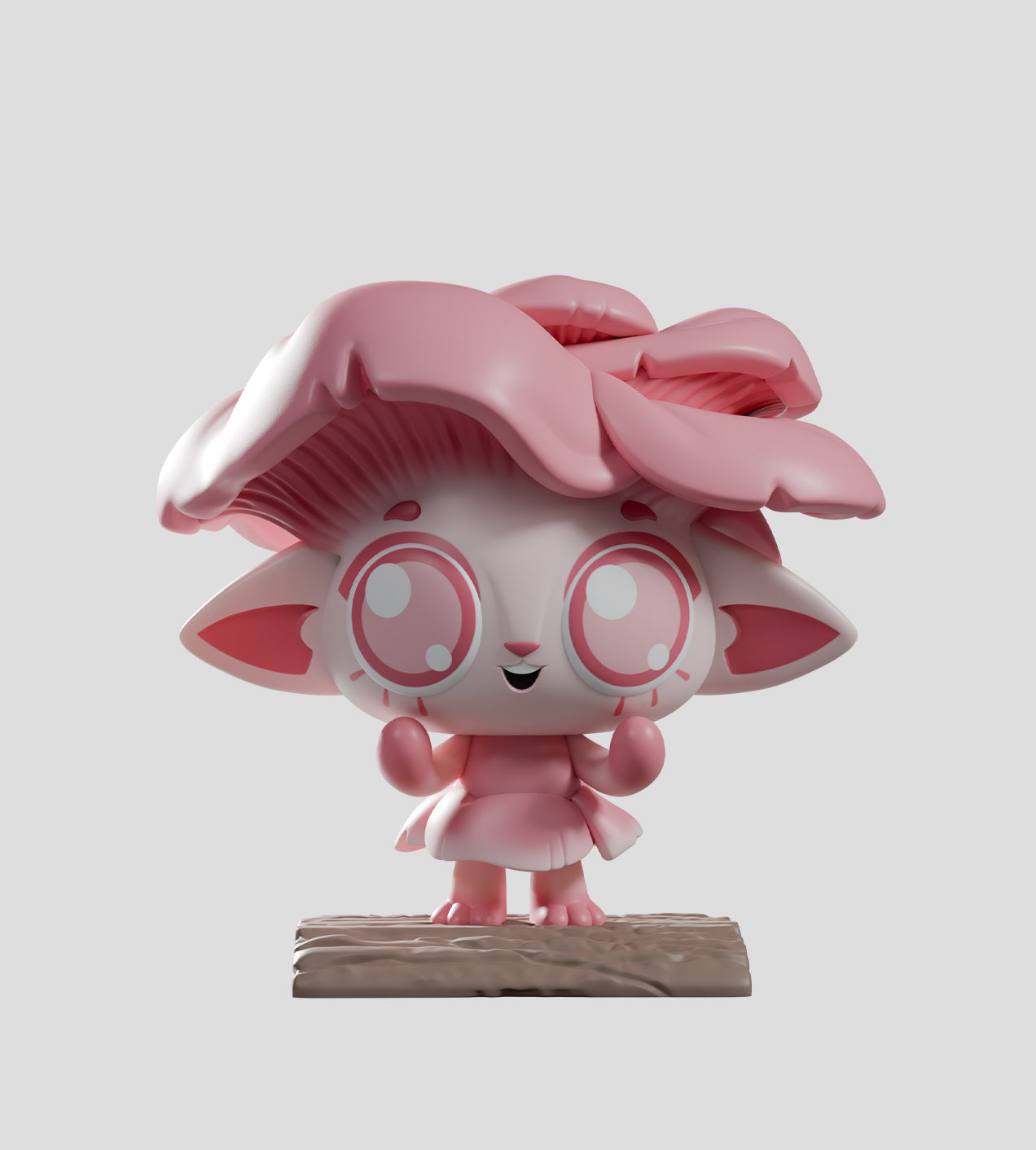 Capkins Series 2 Blind Box figurine: a chibi-style, pink-and-white creature with large eyes, petal-like cap, and wooden plank base, perfect for collectors.