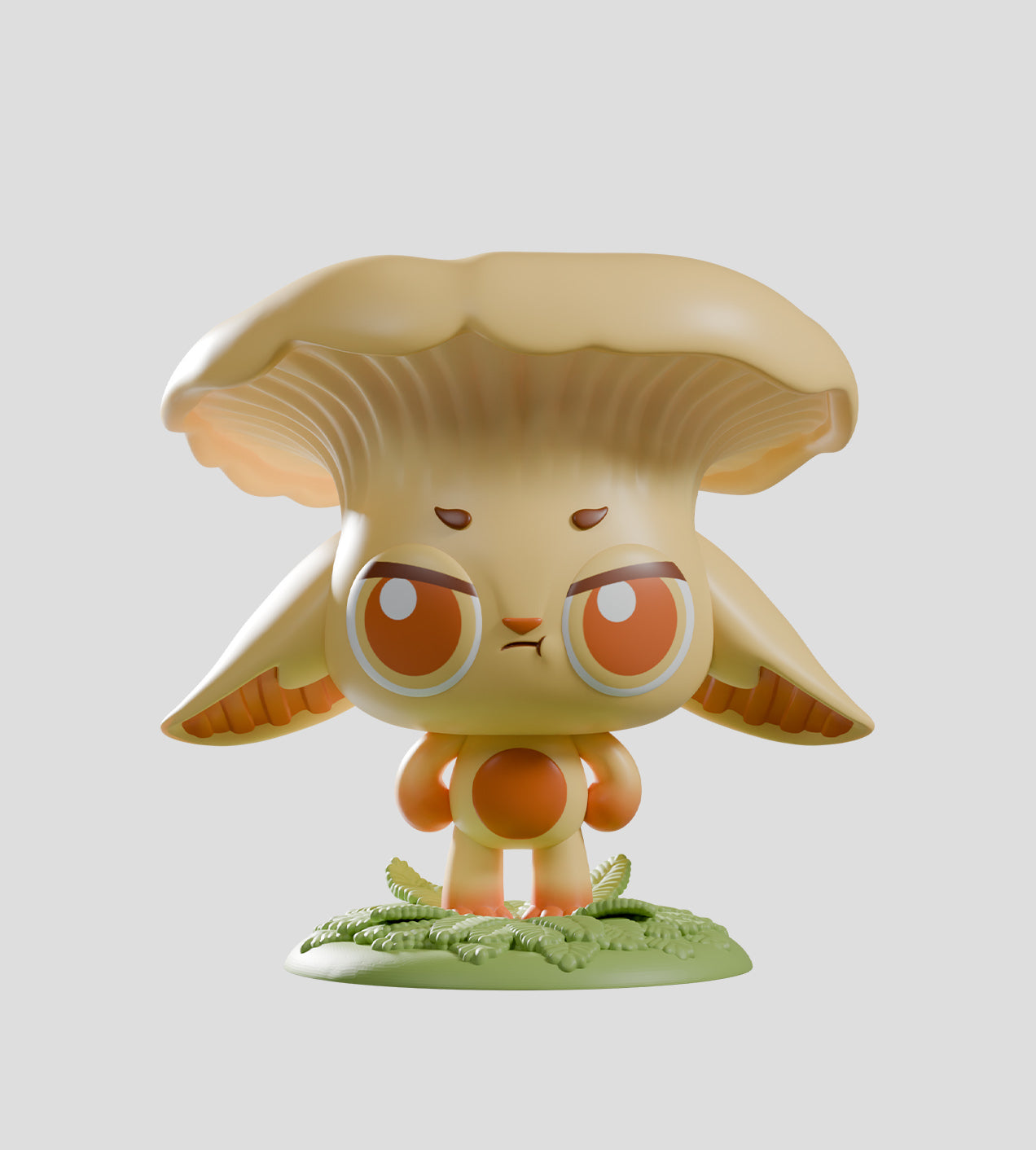 Capkins Series 2 Blind Box: A 3D figurine of a mushroom-headed creature with orange eyes, ear-like gills, on a grassy base, from Strangecat Toys.