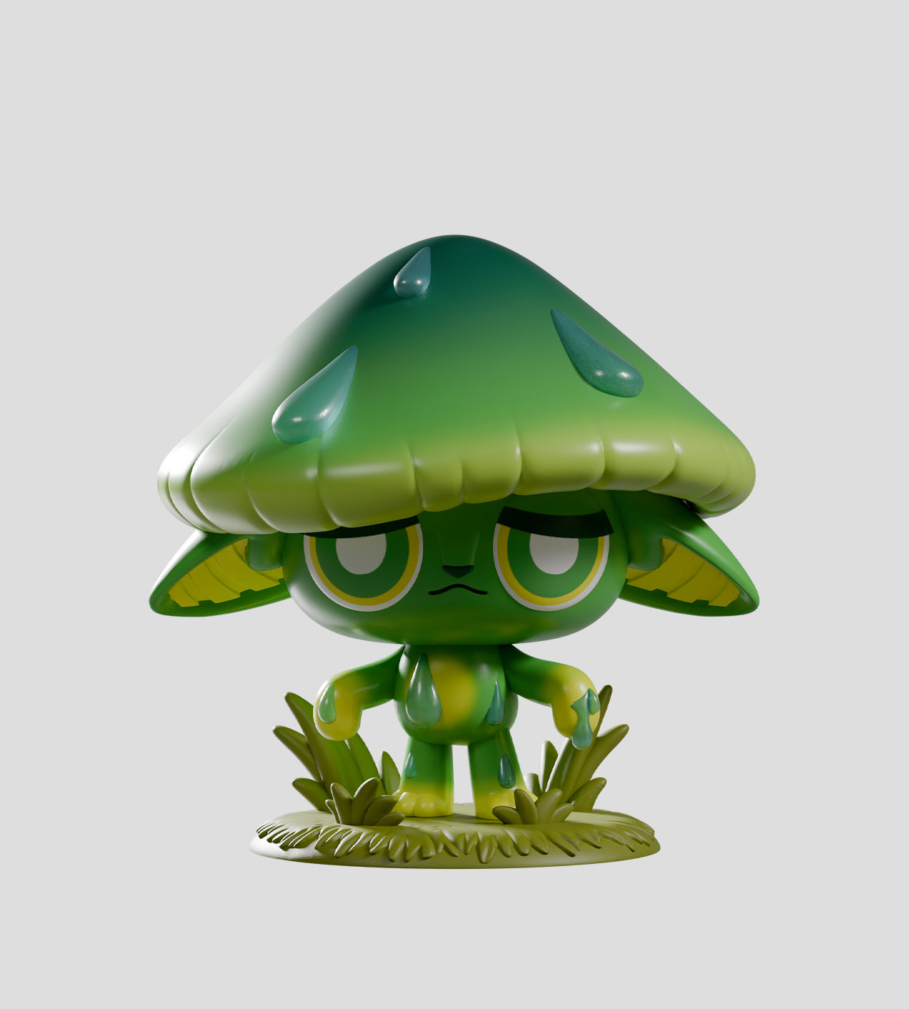 Capkins Series 2 Blind Box: Glossy green mushroom creature figurine with big eyes and drooping ears, standing on grassy base, embodying Fungi Forest's mysterious charm.