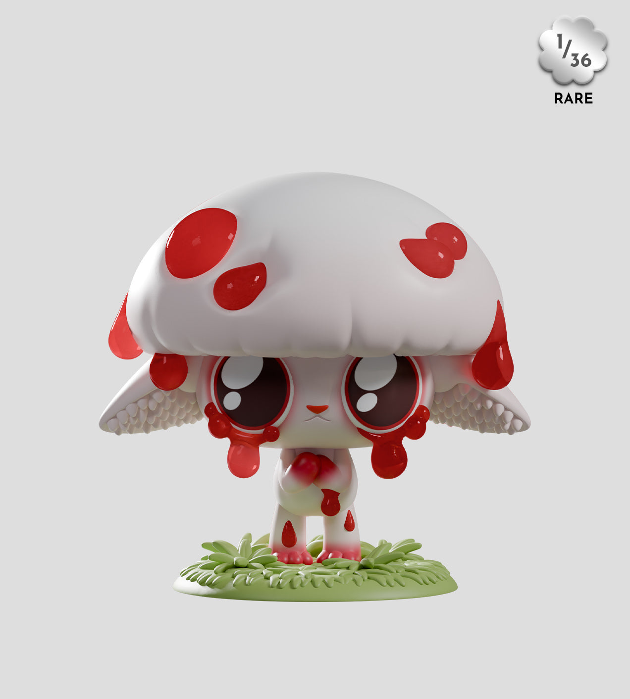 Capkins Series 2 Blind Box: A rare bunny-mushroom hybrid figurine with red splotches, standing on a grassy base. Part of Strangecat Toys' collectible art toy range.
