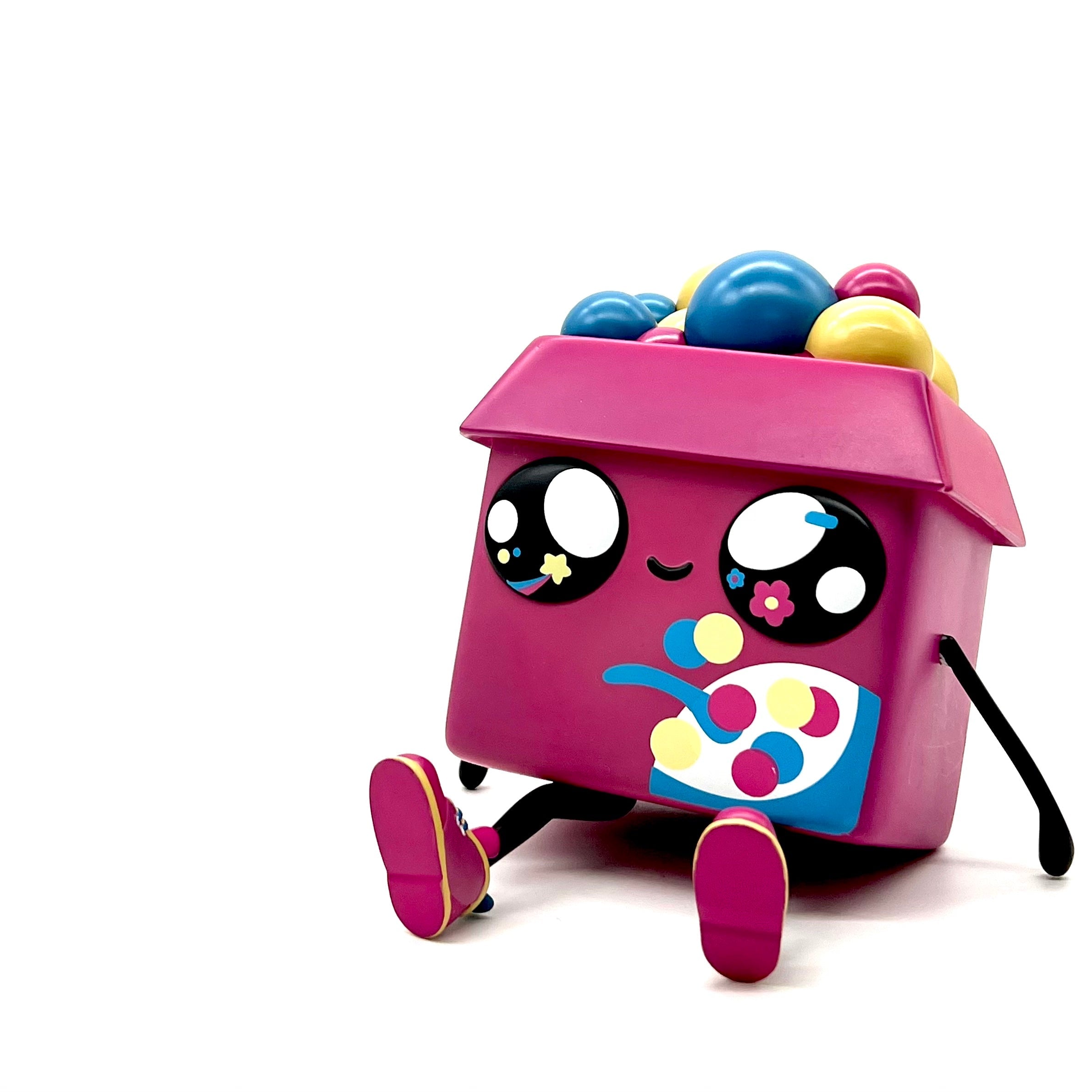 Cereal Buddy by Nez: A pink resin art toy with arms and legs, inspired by a cartoon character. Limited edition from Strangecat Toys.