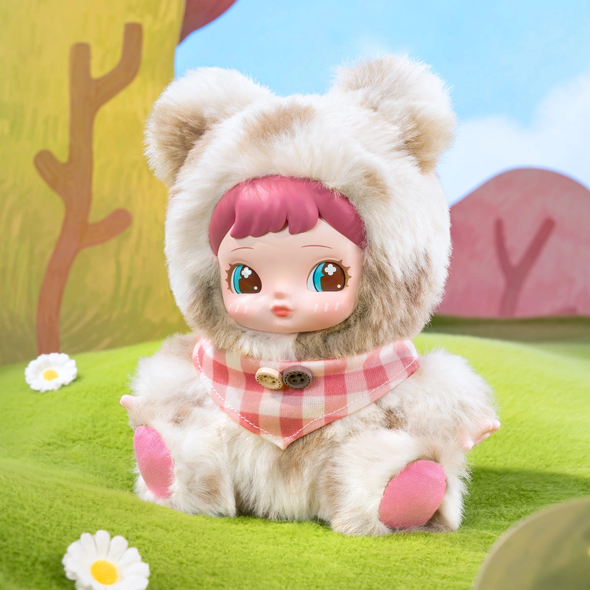 Rolife Surprise Plush Pendant - Charline's Forest Hide&Seek, a cute doll in a bear costume with pink hair, sitting among flowers, ideal for blind box collectors.