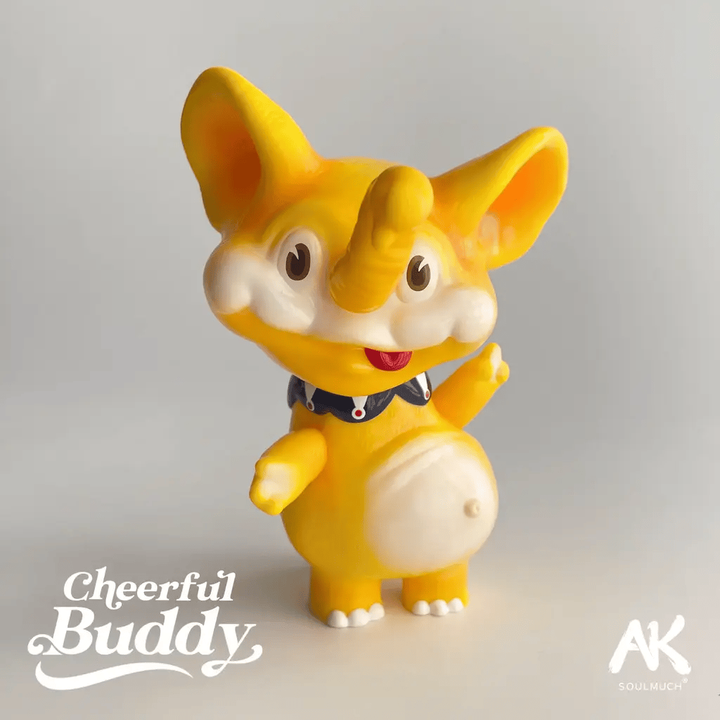 CHEERFUL BUDDY SOFT VINYL TOY FIGURE: A small, stylized elephant-like cartoon character with oversized ears and a cheerful smile, standing 18cm tall.