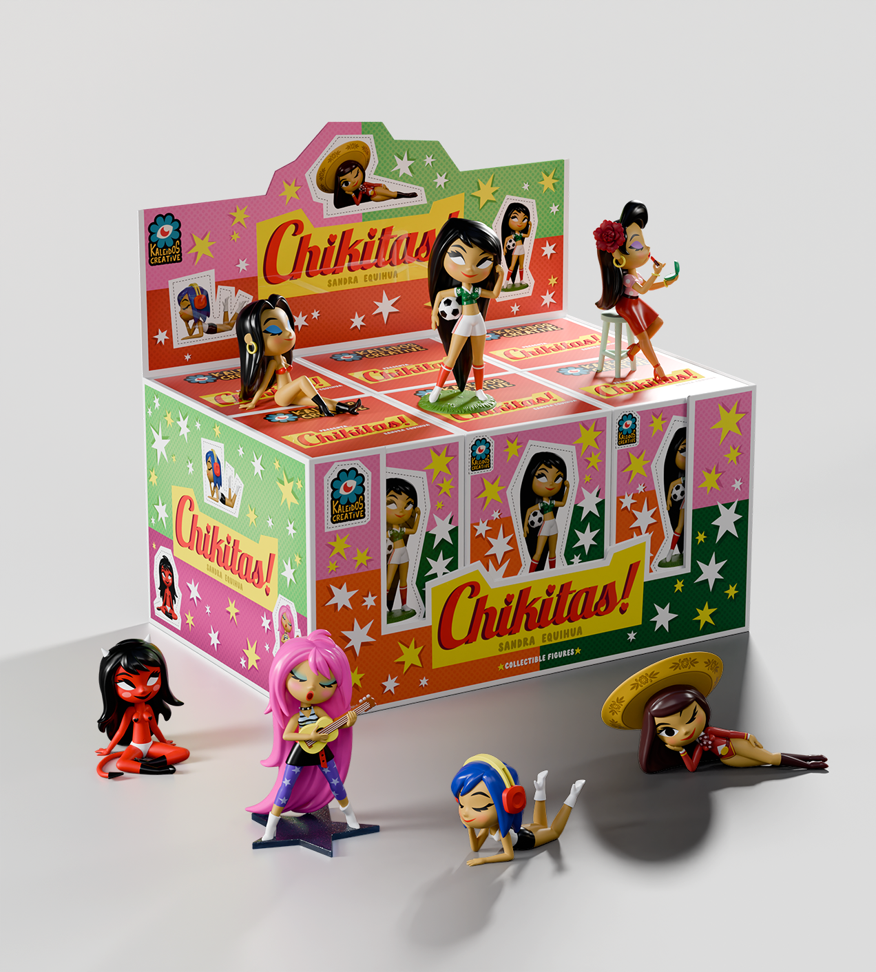 Chikitas! Blind Box display with six collectible figurines by Sandra Equihua, showcasing vibrant characters like a soccer player, flamenco dancer, rock star, DJ, devil, and sombrero girl.