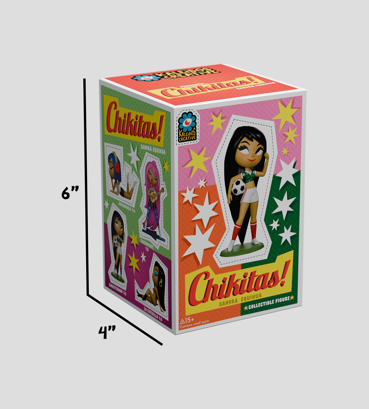 Chikitas! Blind Box: 3-D retail box featuring a vinyl toy girl with a soccer ball, star motifs, previews of three series figures, and branding details.