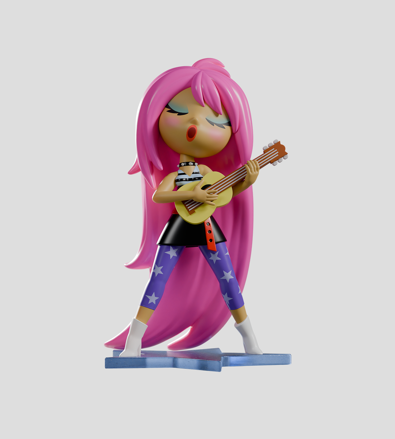 Chikitas! Blind Box figurine of a pink-haired rock musician strumming a guitar, embodying vibrant border culture, designed by Sandra Equihua.