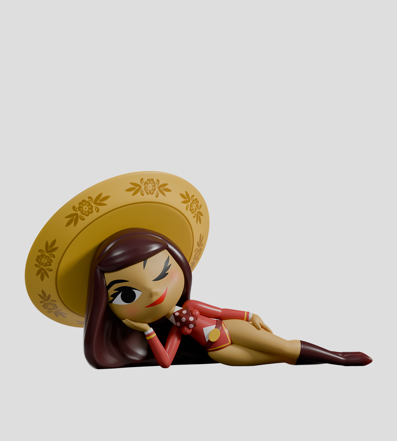 Chikitas! Blind Box figurine of a woman reclining with a sombrero, winking, wearing a red outfit and maroon boots; part of Sandra Equihua's collectible series.