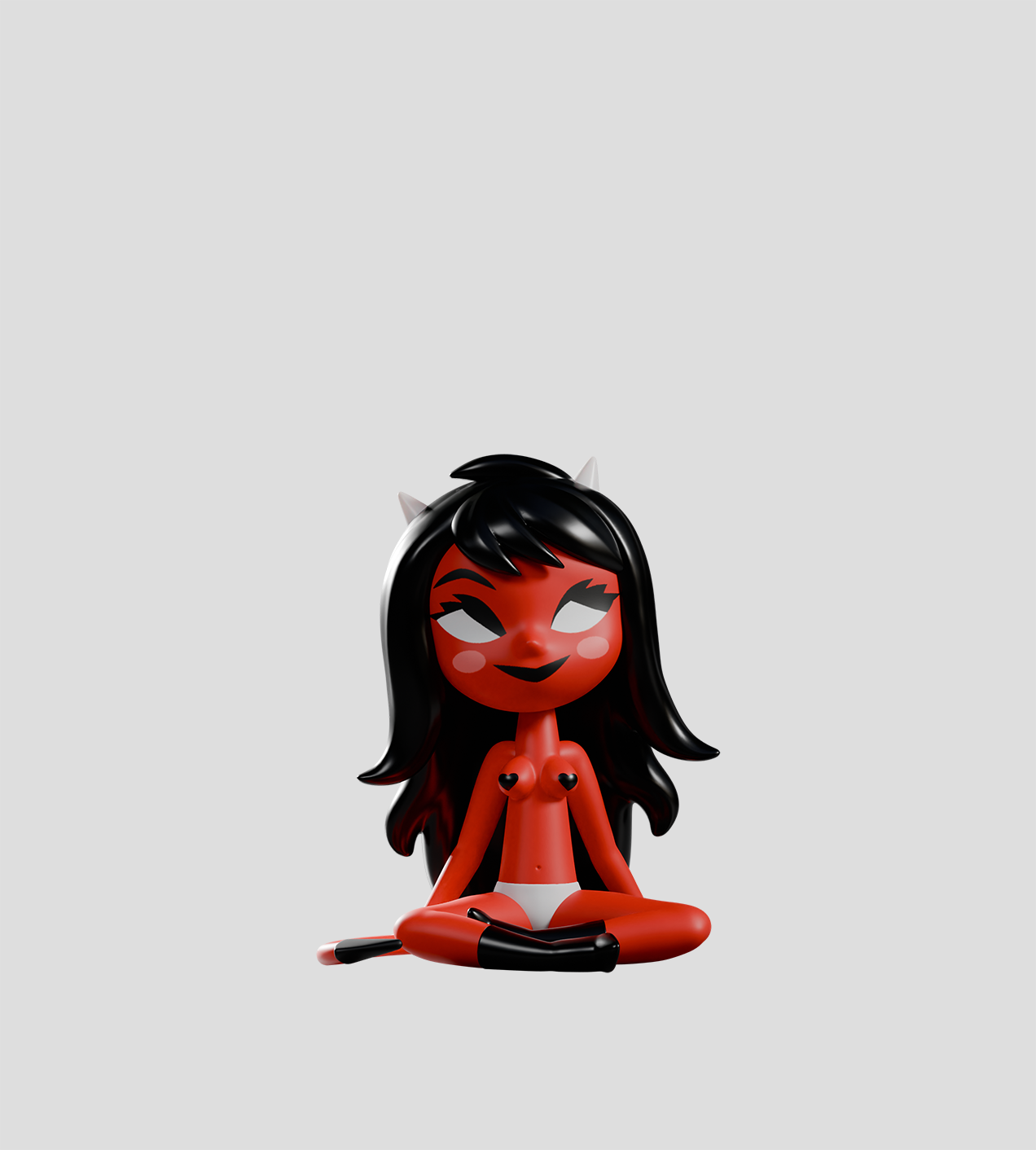 Chikitas! Blind Box figure: 3D cartoon devil girl with red skin, white horns, black hair, sitting cross-legged in black heart pasties and boots.