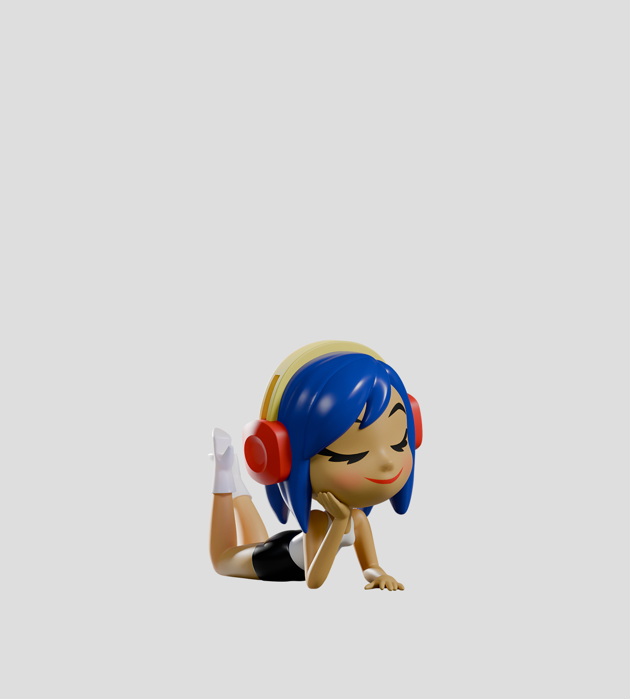 Chikitas! Blind Box figure: young woman with blue hair, red headphones, relaxed pose, designed by Sandra Equihua. Part of a collectible art toy series.