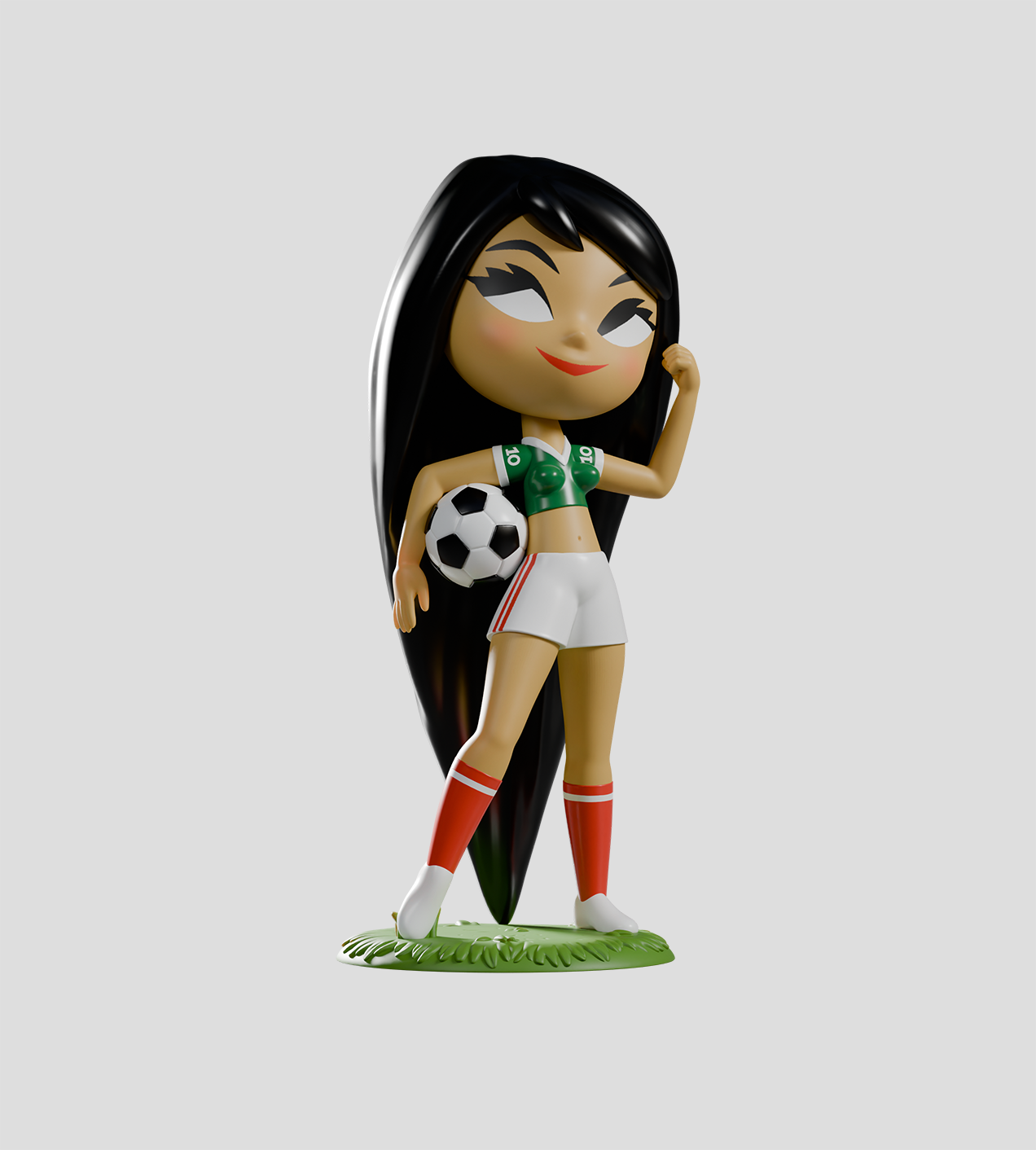 Chikitas! Blind Box figurine of a female soccer player, featuring a green jersey, confidently holding a soccer ball, designed by Sandra Equihua.