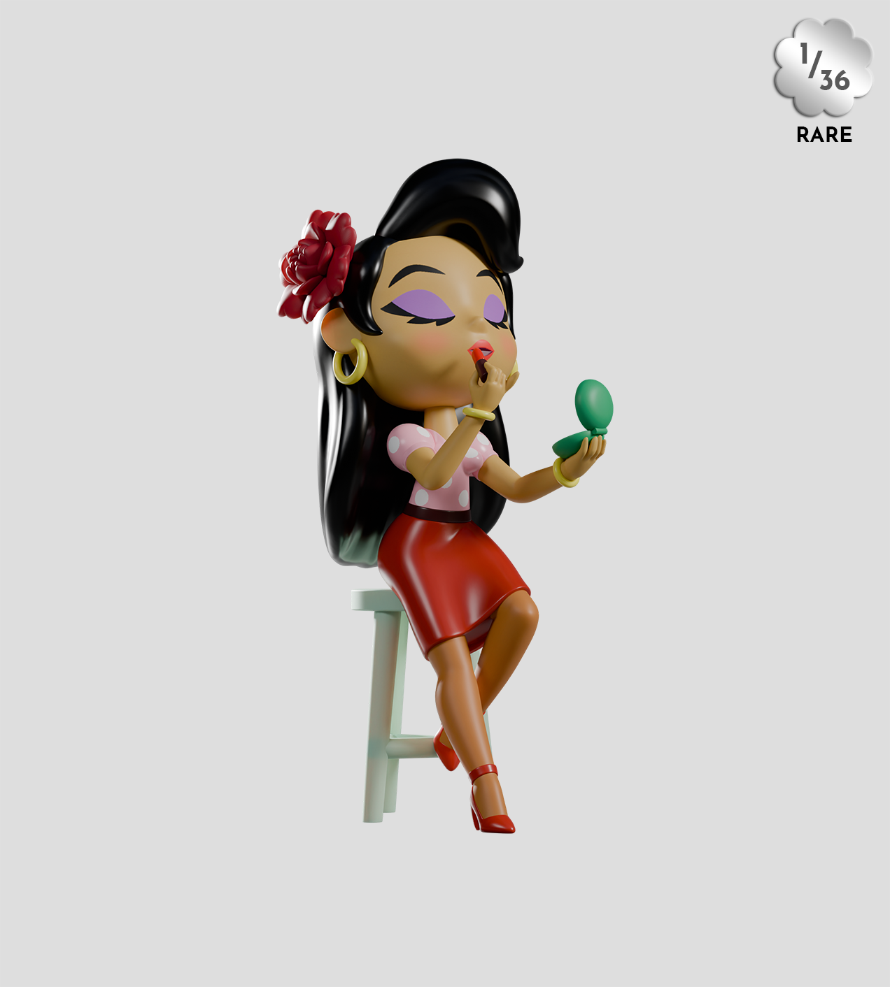 Chikitas! Blind Box: A 3D figurine of a woman applying lipstick, showcasing a rare collectible by Sandra Equihua, embodying vibrant Mexican/USA border culture.