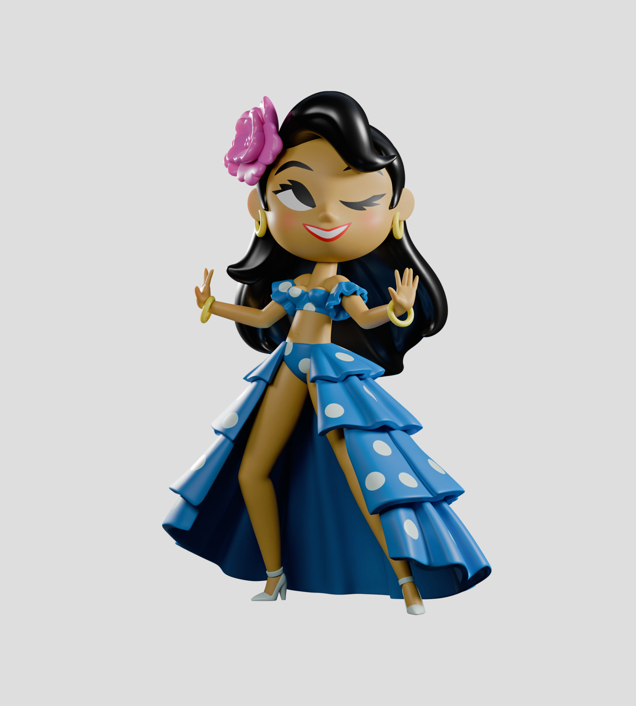 Chikitas!: Rumberita Limited Edition figurine, a 3D dancing woman in flamenco attire, winking and smiling, designed by artist Sandra Equihua.