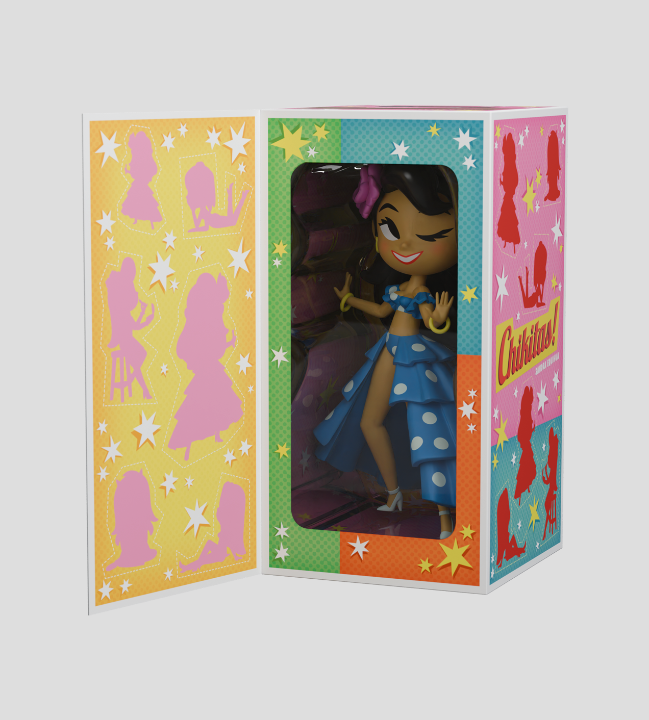 Chikitas!: Rumberita Limited Edition figurine in vibrant display box, featuring a dancing cartoon character with a blue polka-dot outfit and accessories.