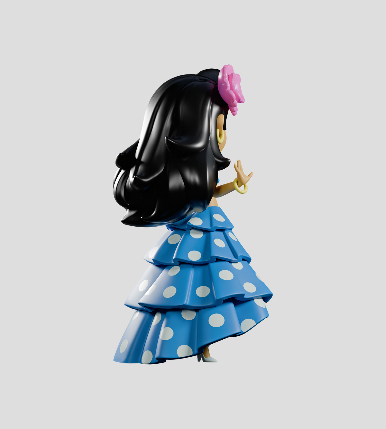 Chikitas!: Rumberita Limited Edition figurine, a 3D stylized flamenco dancer in a blue polka-dot dress, mid-dance pose by artist Sandra Equihua.