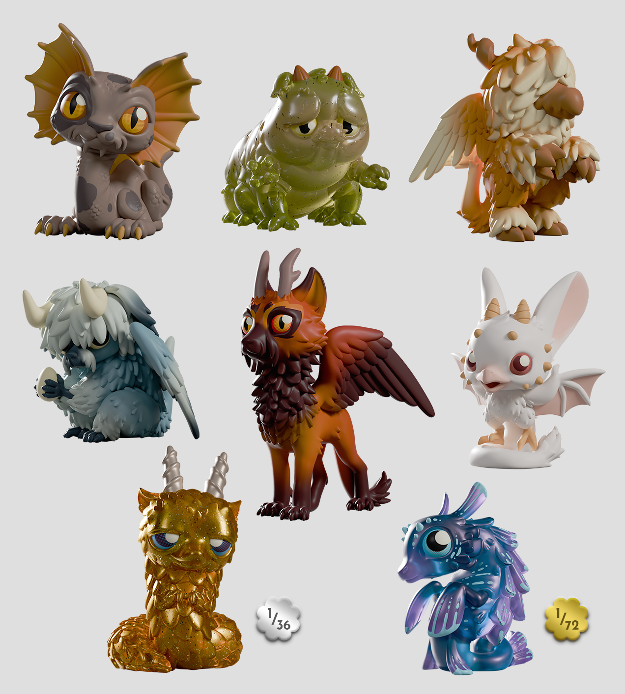 Chimeric Dragons Blind Box - Preorder features nine collectible chibi fantasy figures, including limited editions, in a 3x3 grid, highlighting unique fantasy creature designs.