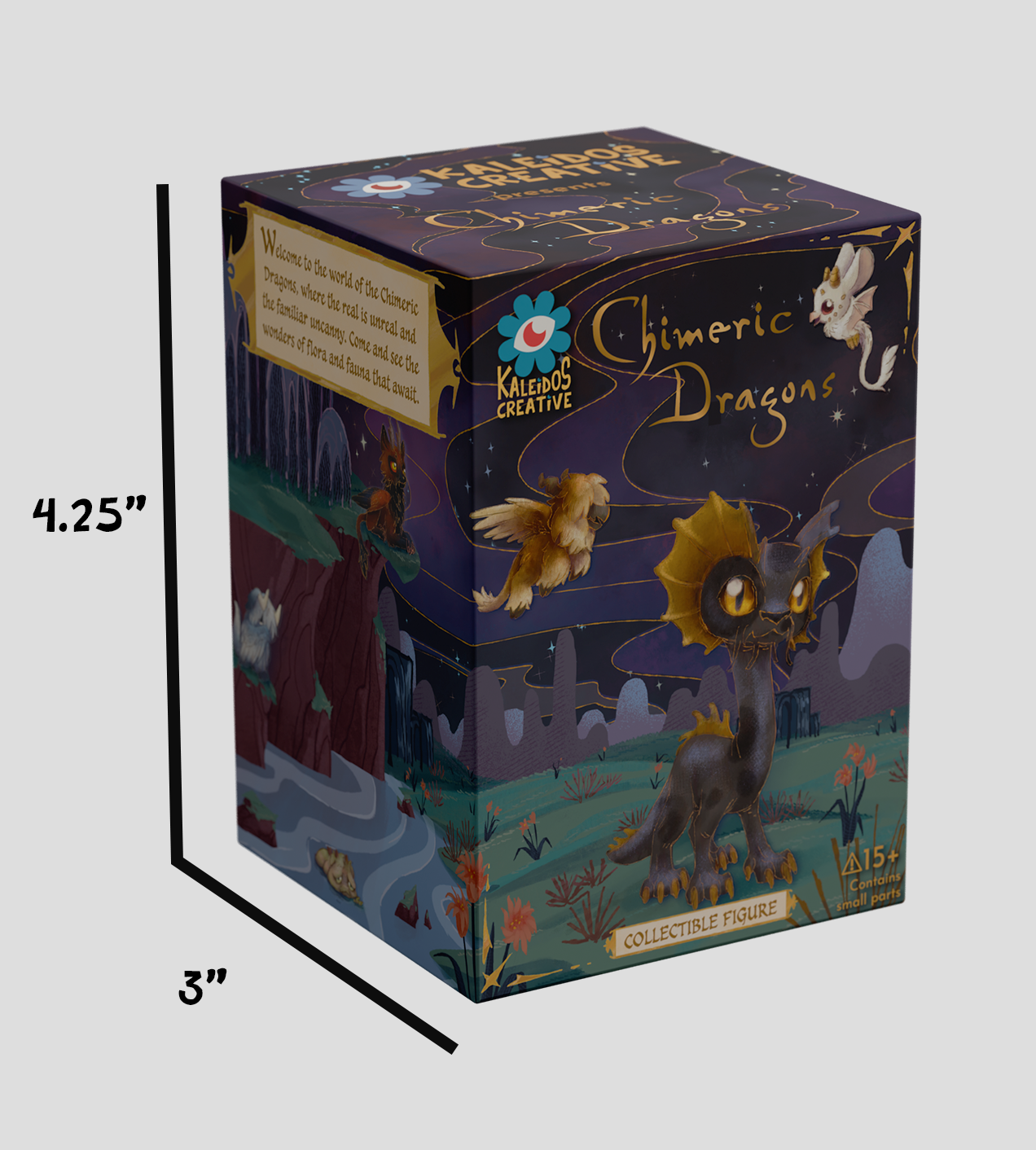 Chimeric Dragons Blind Box - Preorder: Illustrated package featuring whimsical dragon creatures. Includes 6 common, 2 secret designs. Ages 15+, PVC material, 2.2-3.7 inches tall.