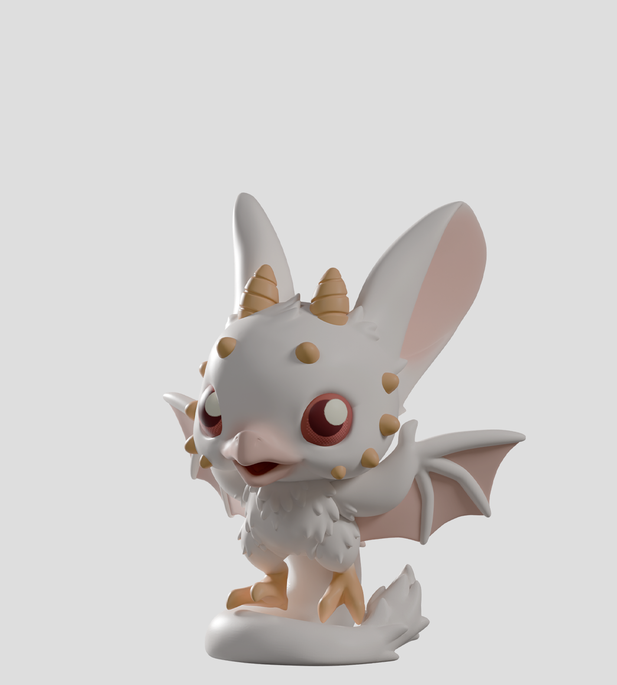 Chimeric Dragons Blind Box - Preorder: A cute, white-feathered, chibi-style fantasy creature with rabbit ears, bat wings, golden horns, and talon feet on a smooth base.