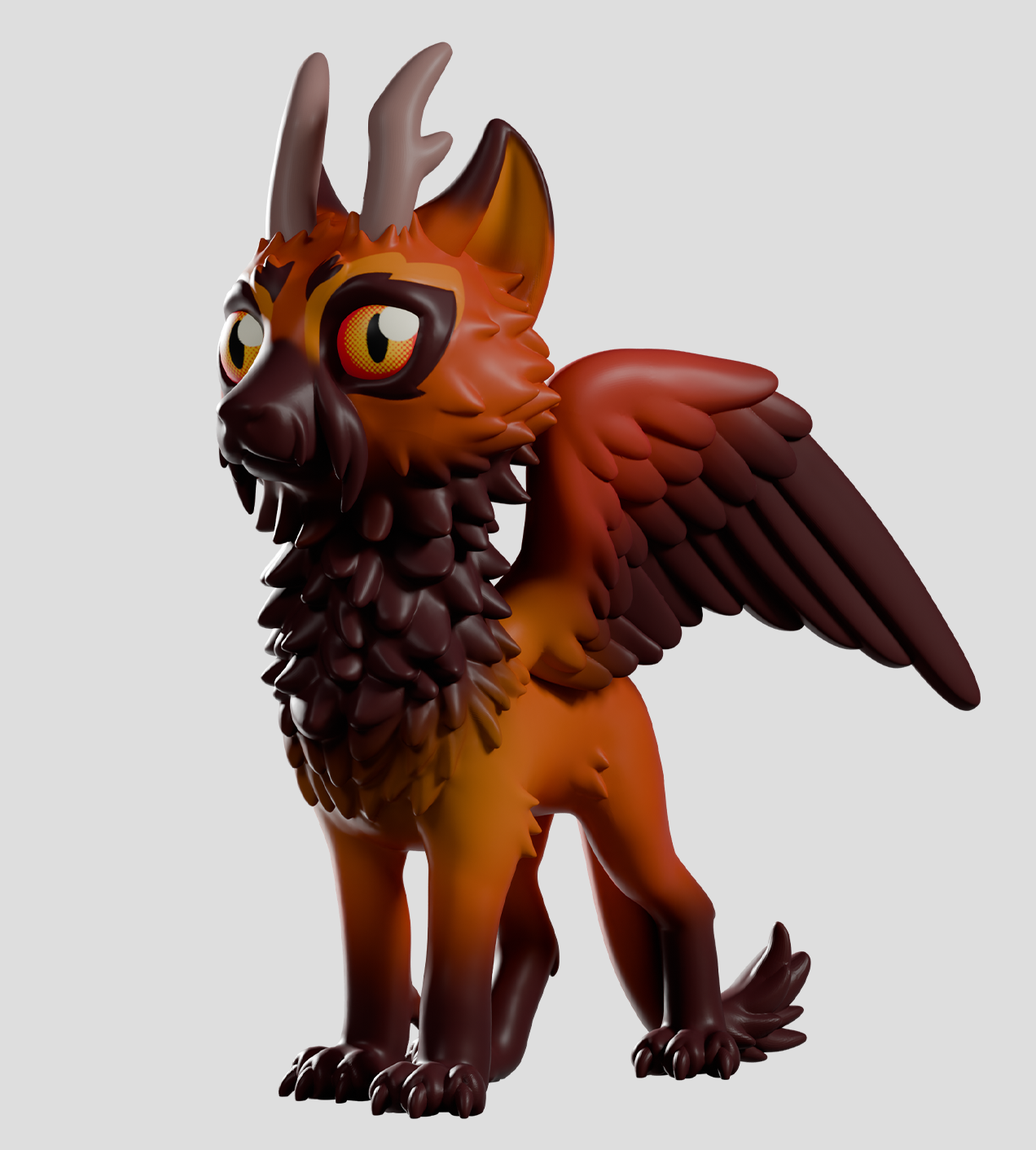 Chimeric Dragons Blind Box - Preorder: A griffin-like figure with a fox/lion body, feathered mane, bird wings, and horns, part of a dark fantasy art toy series.