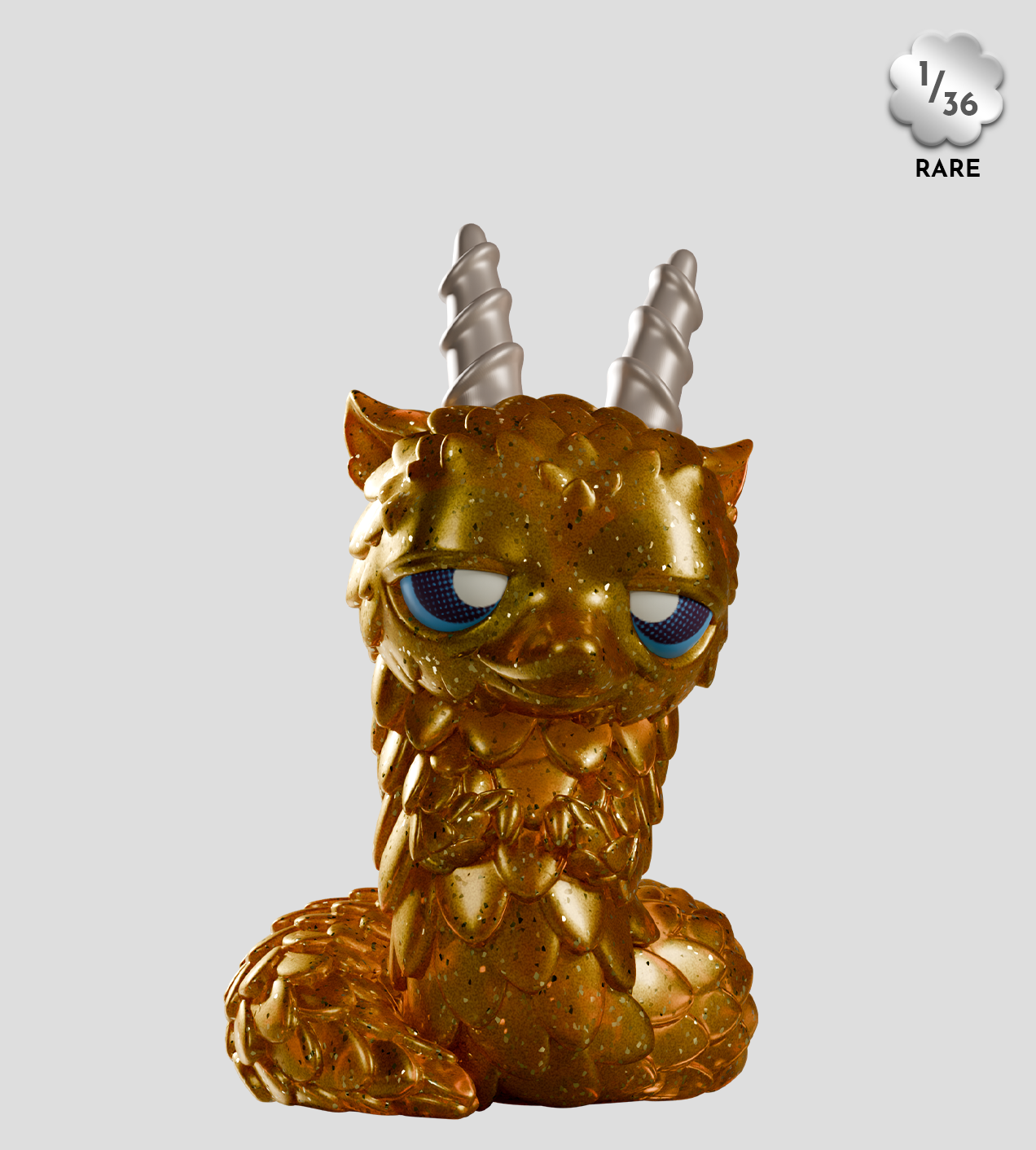 Chimeric Dragons Blind Box - Preorder: Gold figurine with cat-like face, blue eyes, unicorn horns, and scaled body, part of limited 1/36 rare collectible series.