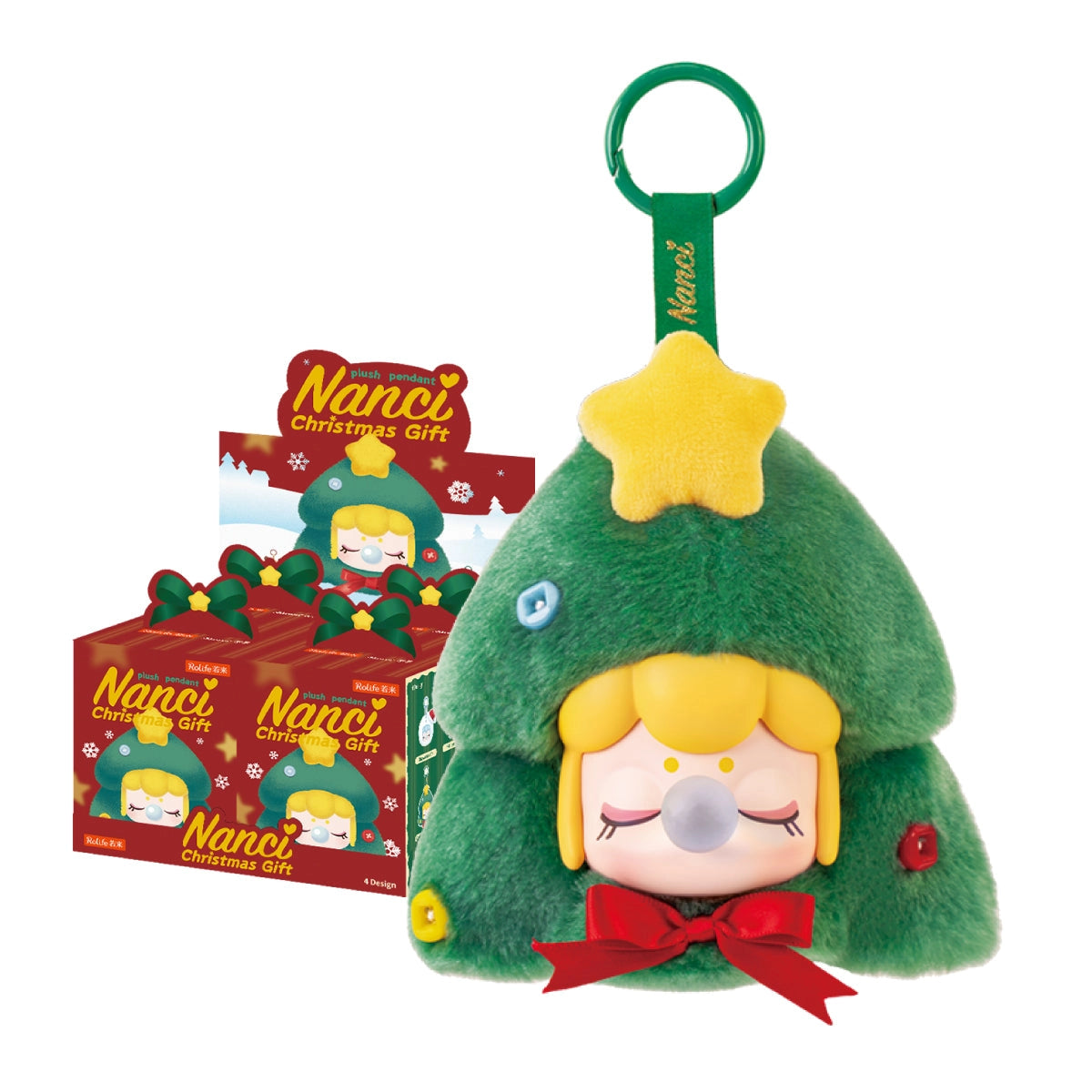 Rolife Nanci's Christmas Gift Plush Pendant PZC13, a tree-shaped plush with star, button ornaments, and keyring, displayed in a boxed set for holiday decoration.