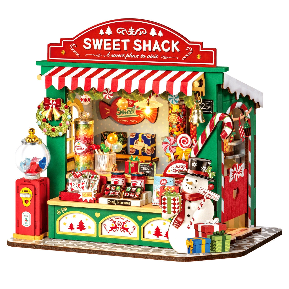 Rolife DIY Miniature House - Christmas Candy Stand DS043: A festive diorama with candy jars, a snowman, and holiday decorations, ideal for seasonal decor.