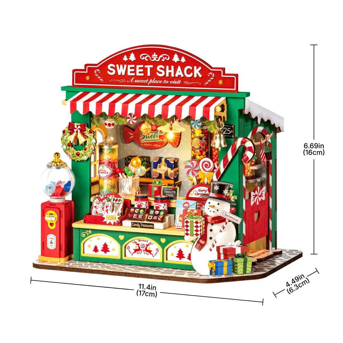 Rolife DIY Miniature House - Christmas Candy Stand DS043: A festive model kit with candy stall, awning, gumball machine, sweets, and snowman, perfect for holiday decor.
