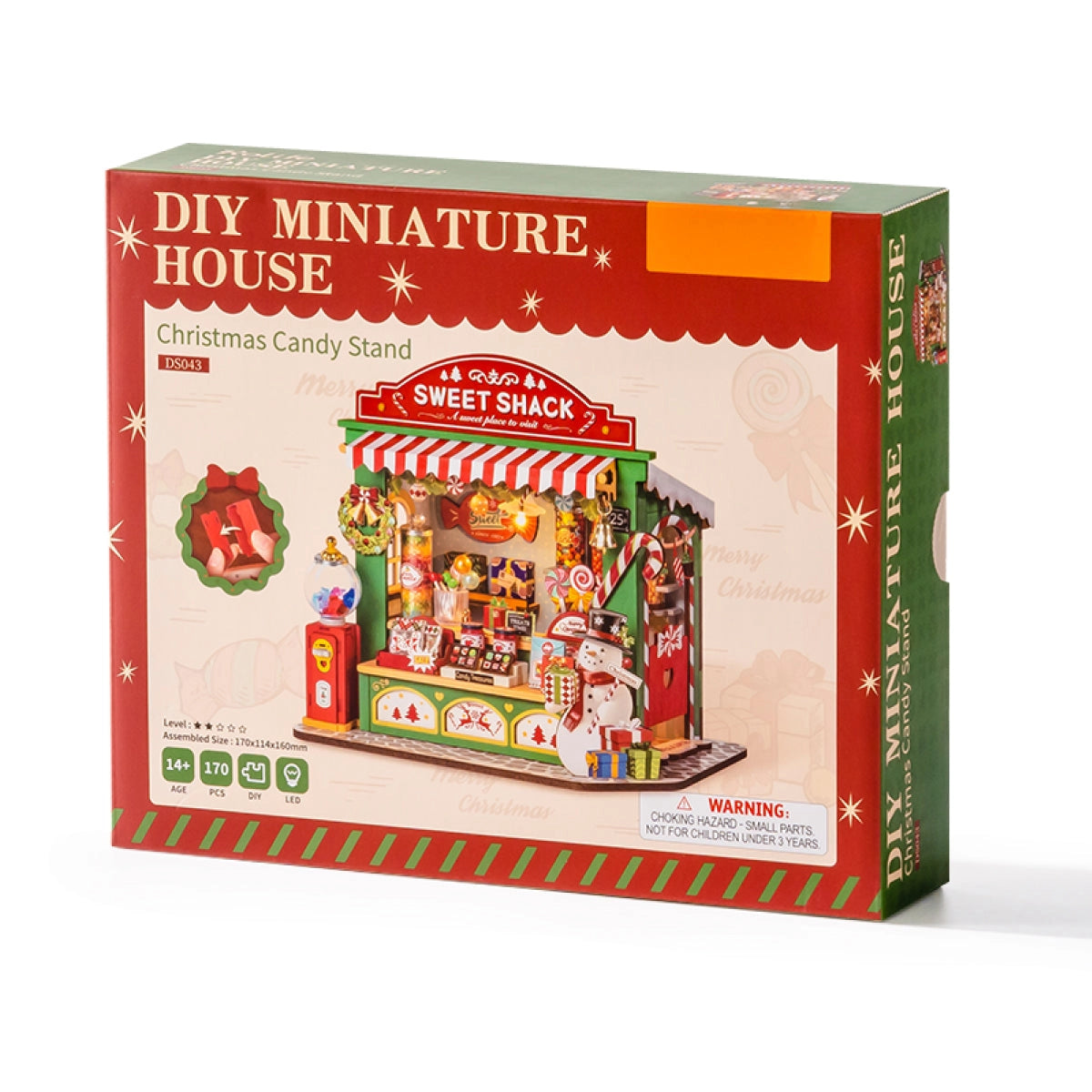 Rolife DIY Miniature House - Christmas Candy Stand DS043 packaging features a festive kit to build a 1:24-scale holiday candy stall with 170 pieces and LEDs.