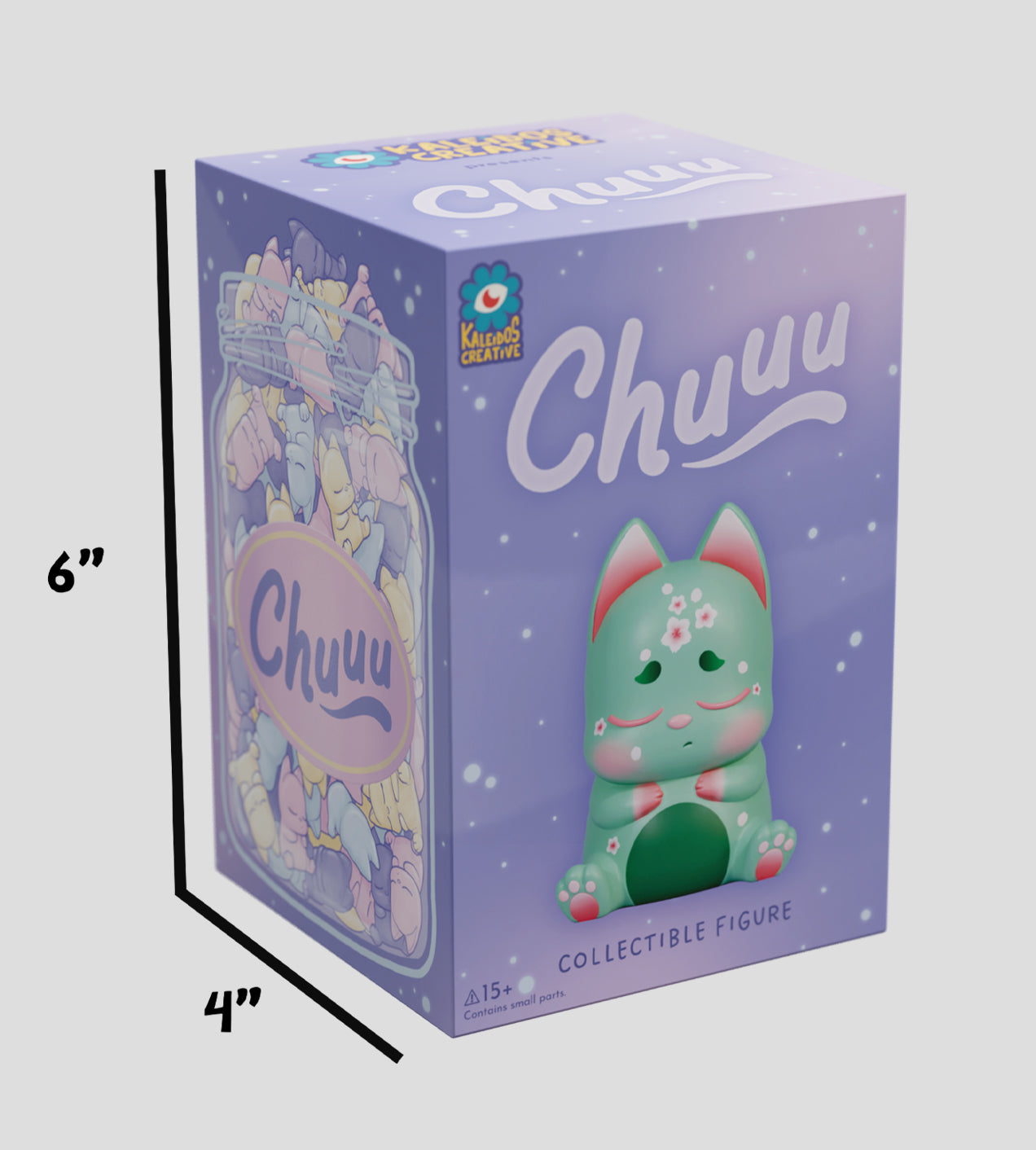 Chuuu Blind Box displaying toy packaging with logos; contains 6 designs, 1 rare, crafted by Darcy and Meg, aligning with Strangecat Toys' art toy collection.