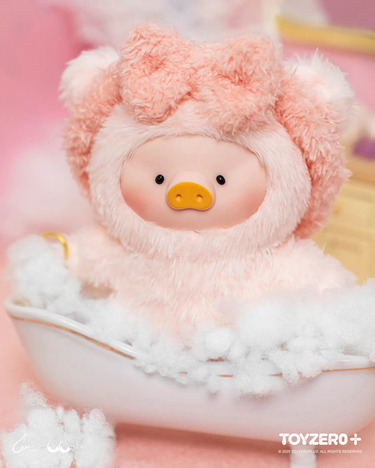 LuLu the Piggy collectible toy in pink fur, sits in a bathtub with bubble stuffing, part of LuLu's Dreaming Wonderland Series PVC Plush Keychain Blindbox.