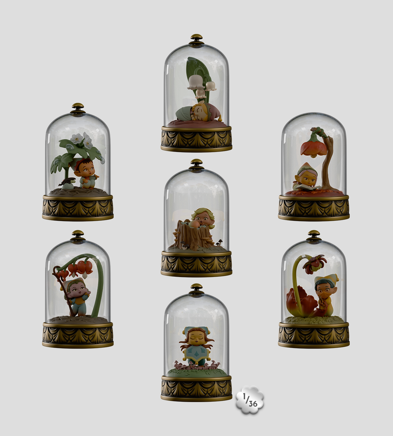 Cloche Fairies Blind Box featuring a cartoon figurine of a girl holding a shield inside a glass dome, with LED light feature.
