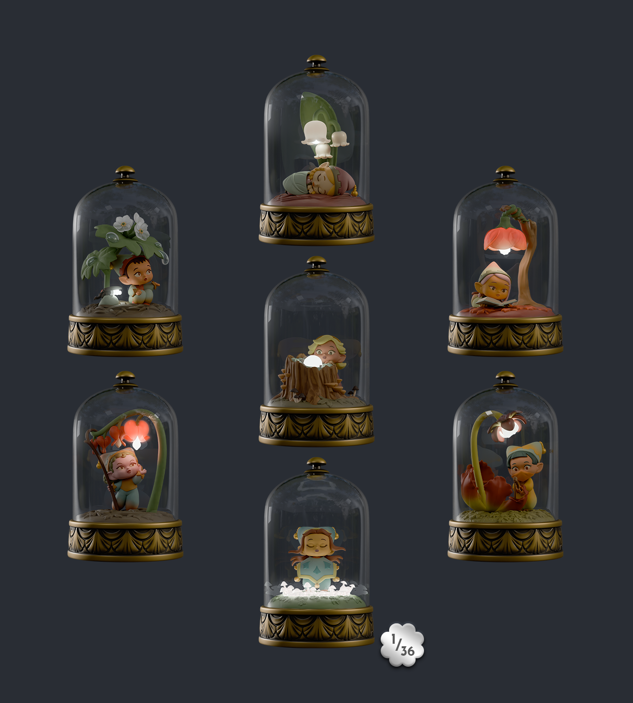 Cloche Fairies Blind Box: Cartoon figurine in a glass dome, featuring an LED light, part of a collectible blind box series with six designs and one secret.