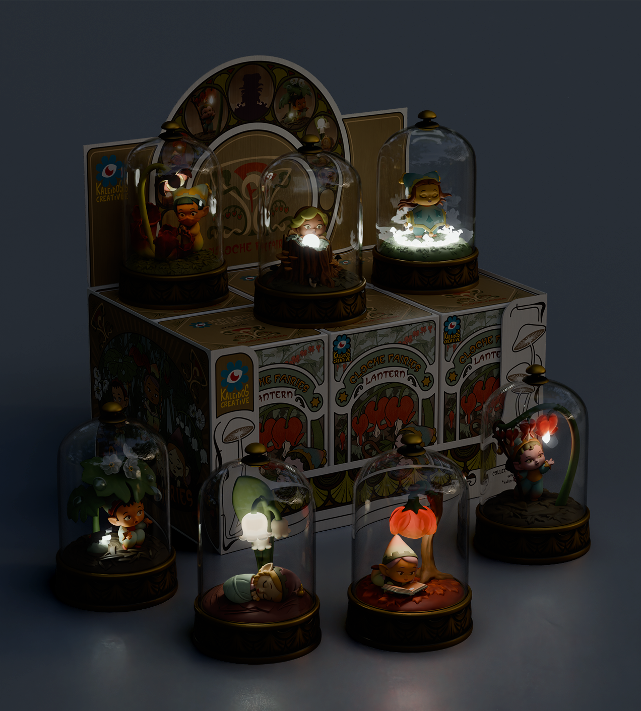 Cloche Fairies Blind Box figurine under glass dome, depicting a sprite reading, features LED light. Preorder for July 2025; requires two AAA batteries.